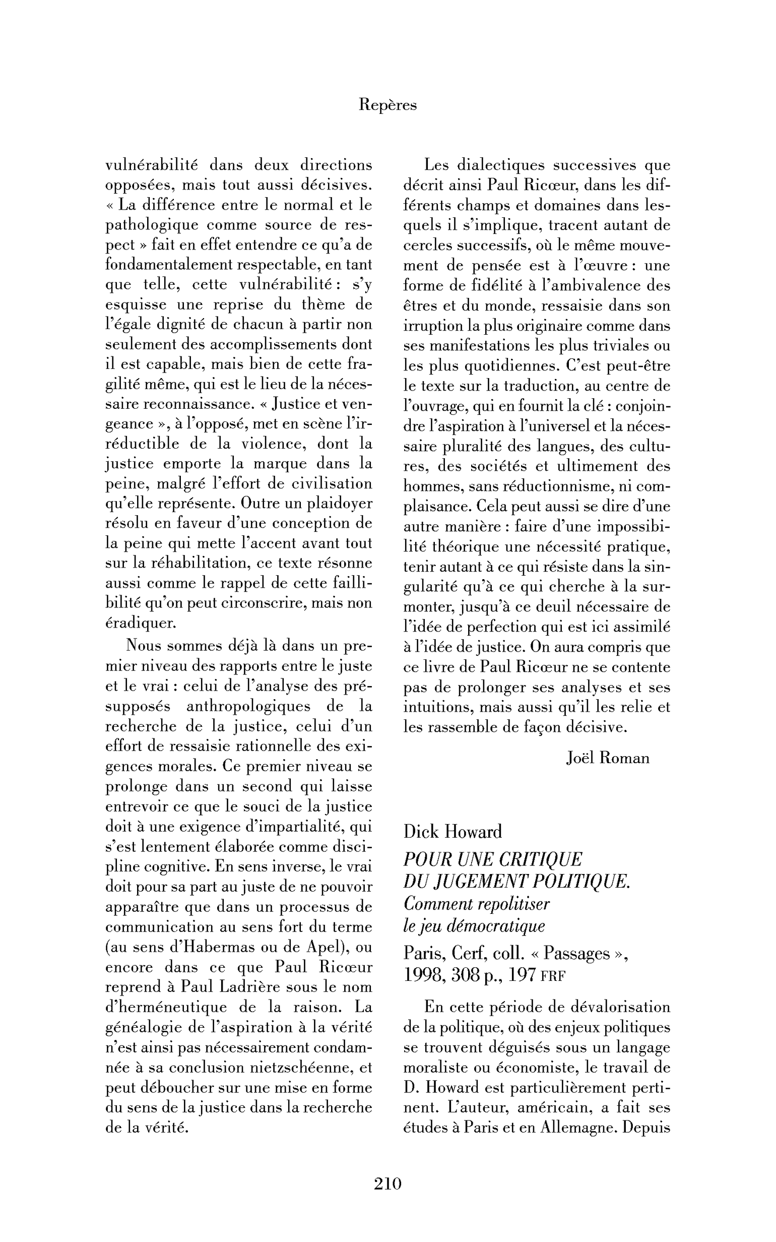 Dick Howard : Pour une critique du jugement politique. Comment repolitiser le jeu démocratique