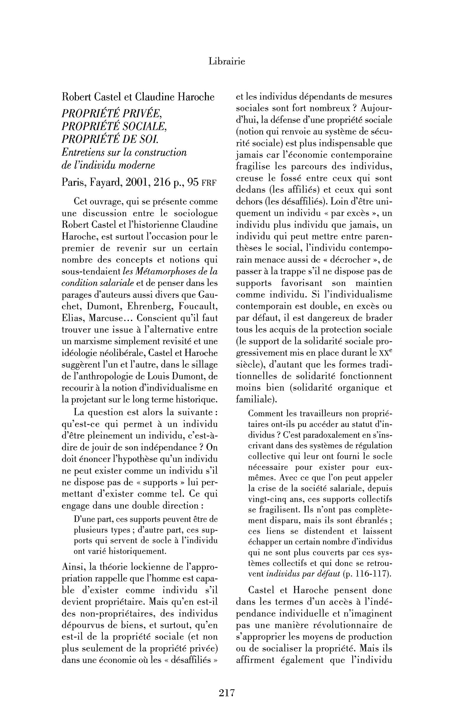 Robert Castel et Claudine Haroche : Propriété privée, propriété sociale, propriété de soi. Entretiens sur la construction de l’individu moderne