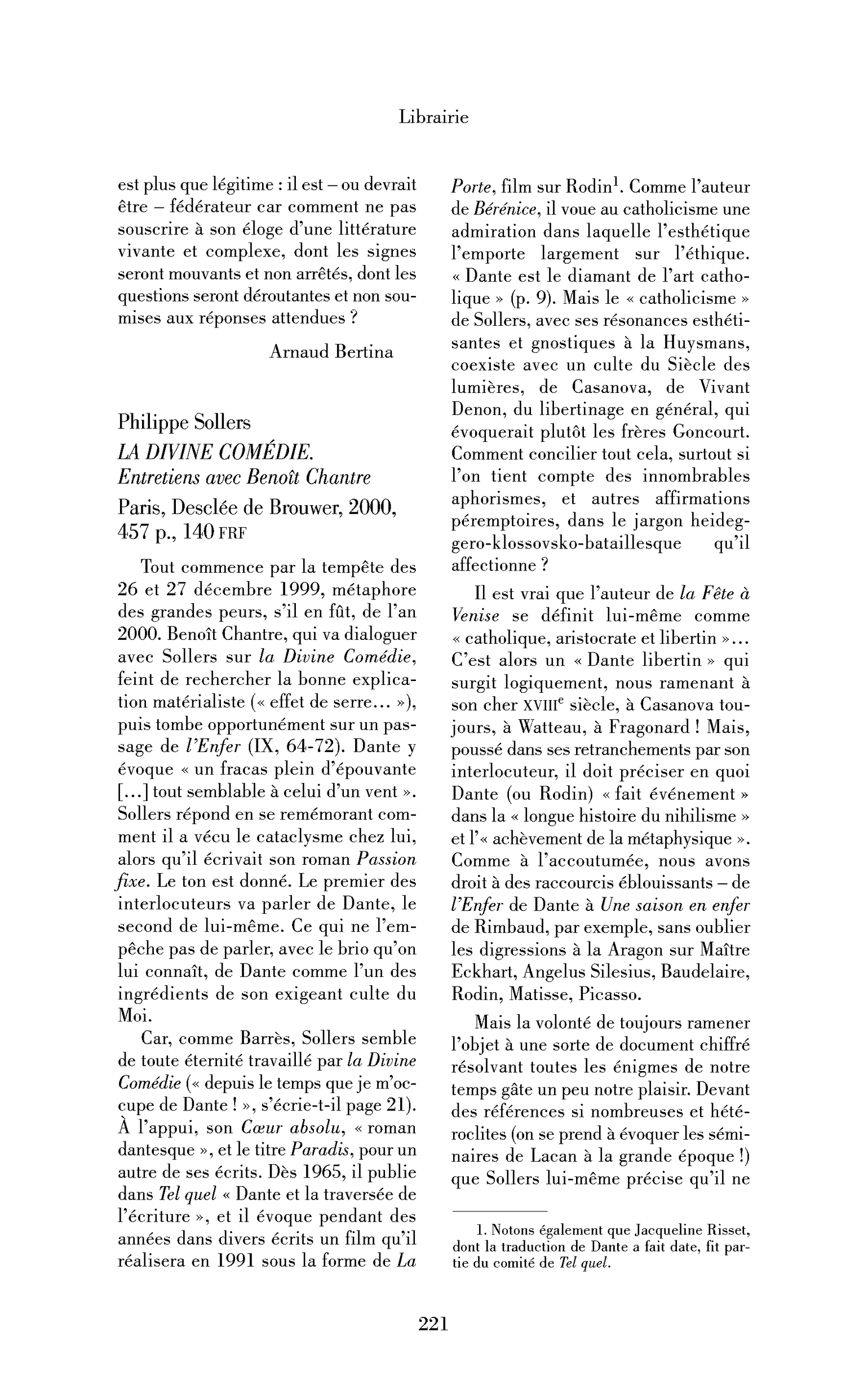 Philippe Sollers : la Divine comédie. Entretiens avec Benoît Chantre