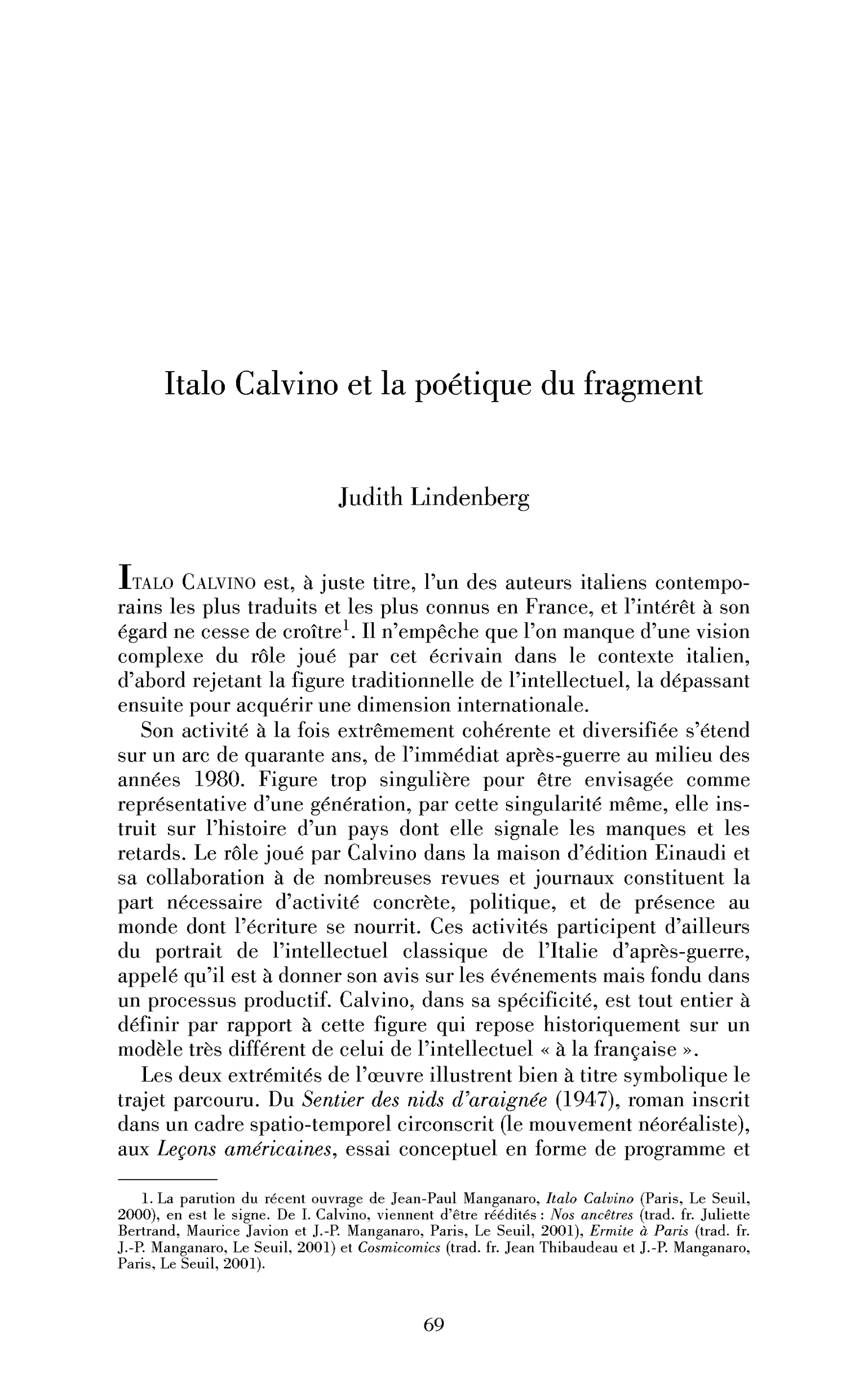 Italo Calvino et la poétique du fragment