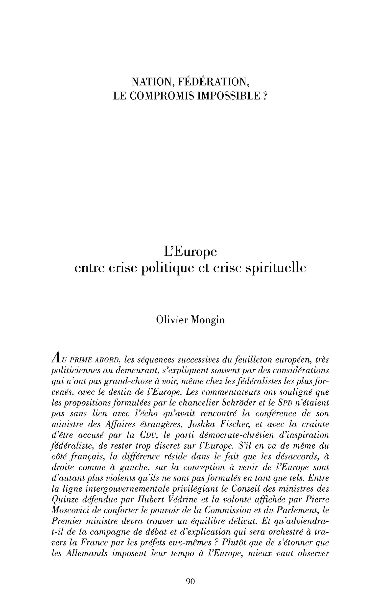 Introduction : L’Europe entre crise politique et crise spirituelle