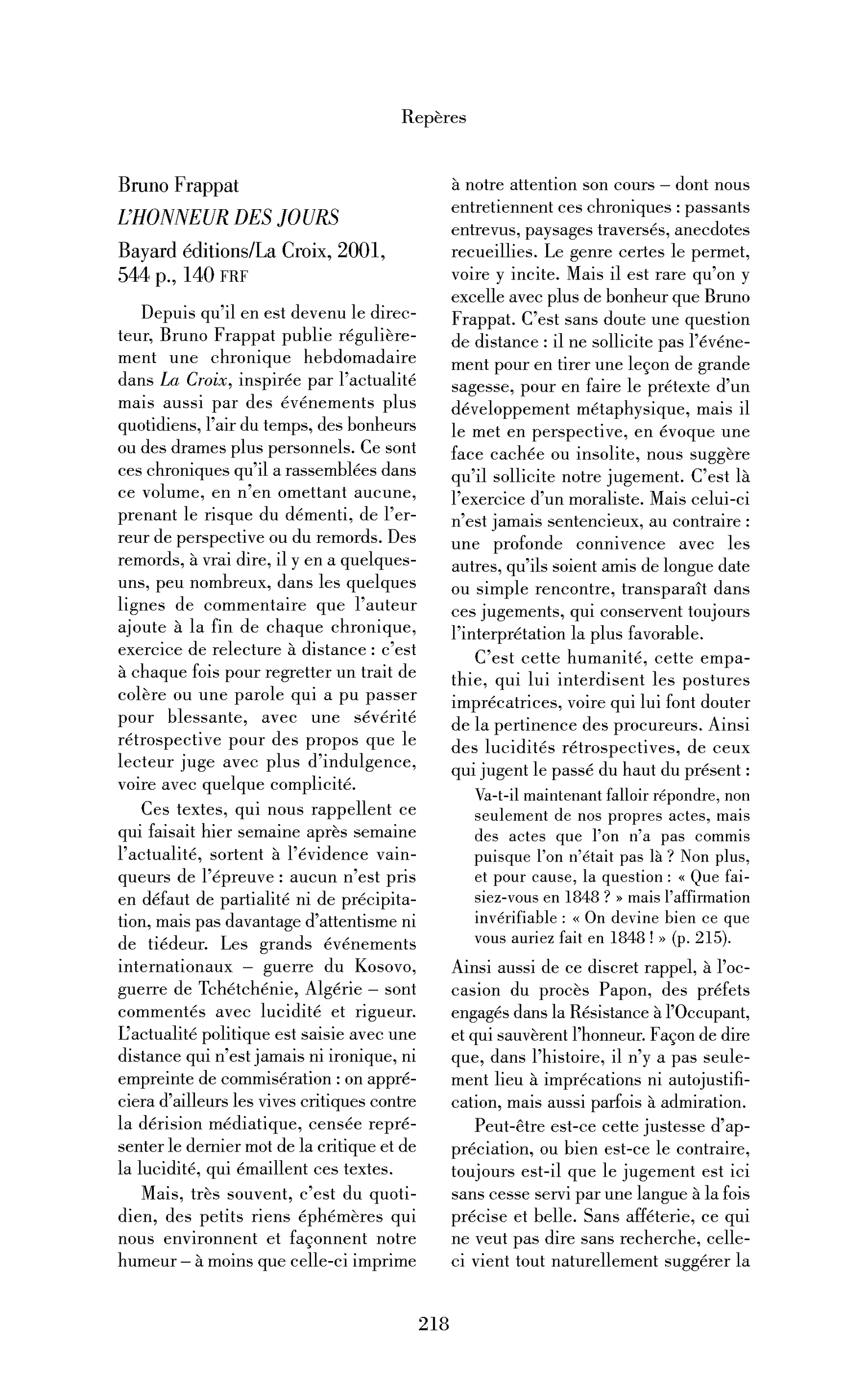 Bruno Frappat : l’Honneur des jours