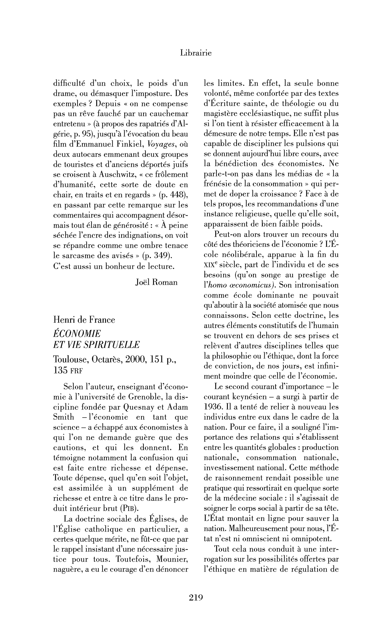 Henri de France : Économie et vie spirituelle