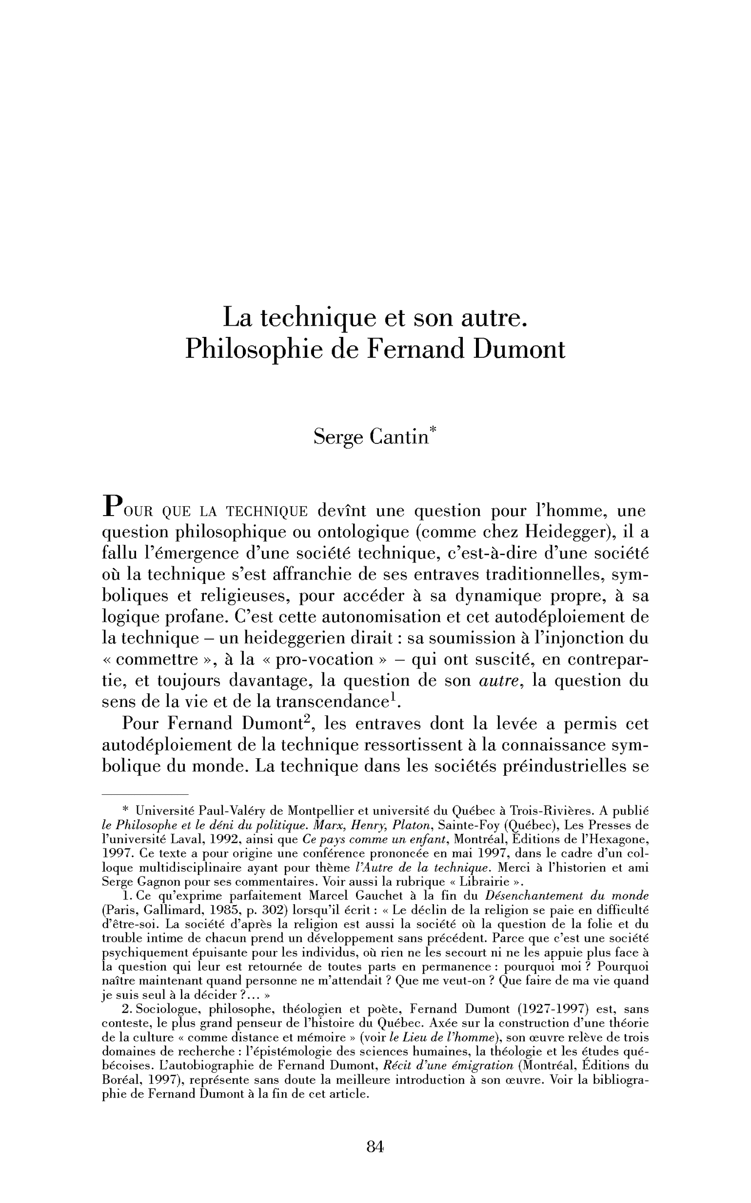 La technique et son autre. Philosophie de Fernand Dumont