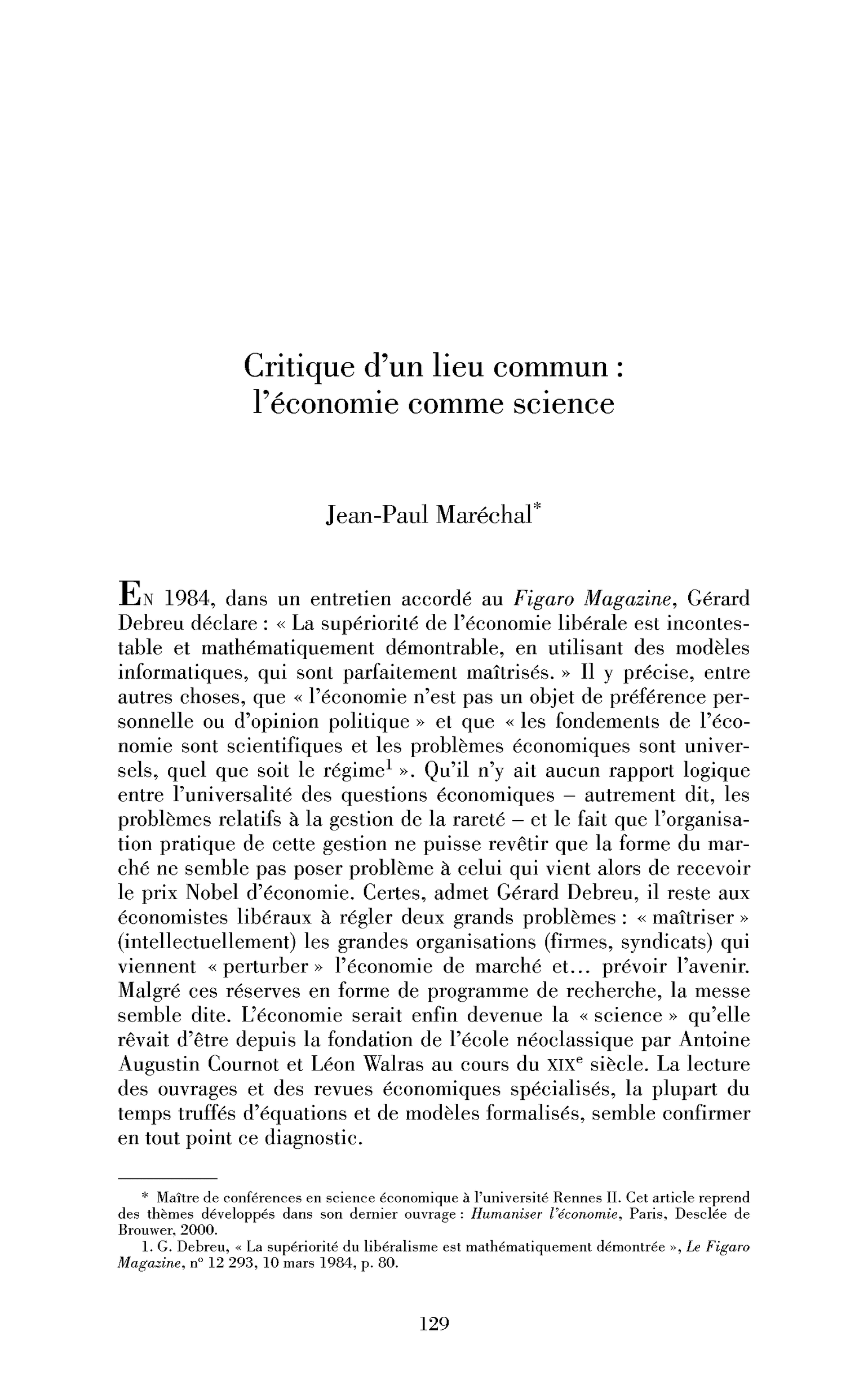 Critique d’un lieu commun : l’économie comme science