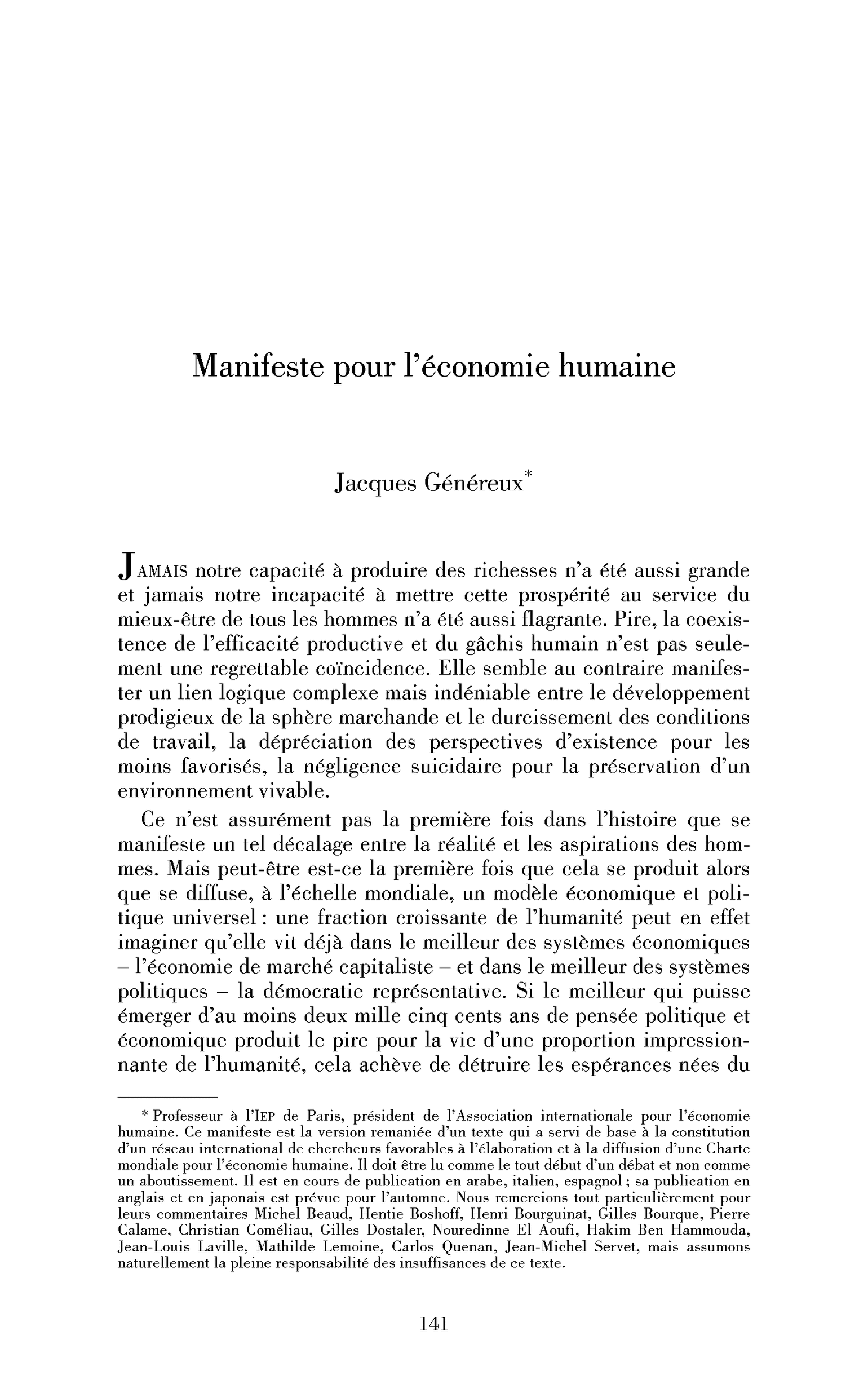 Manifeste pour l’économie humaine