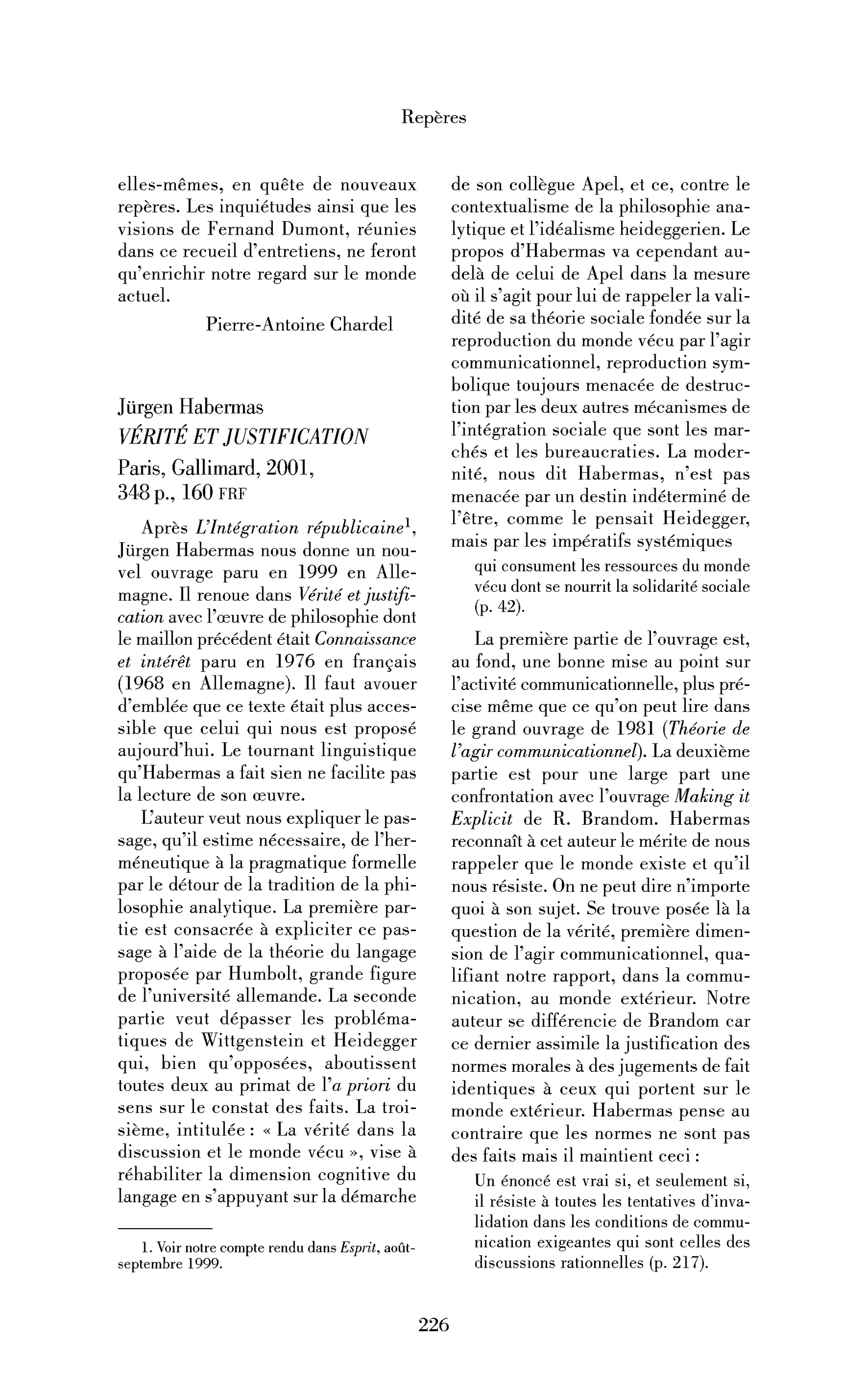 Jürgen Habermas : Vérité et justification