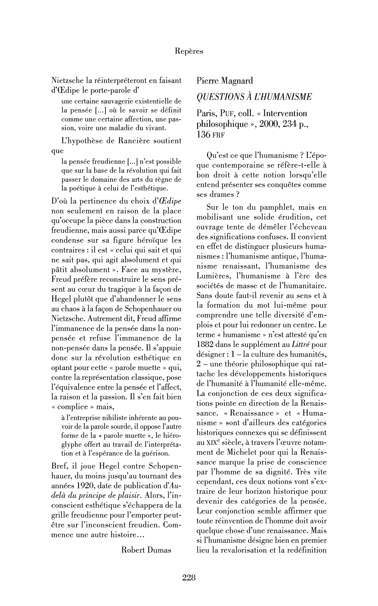 Pierre Magnard : Questions à l’humanisme