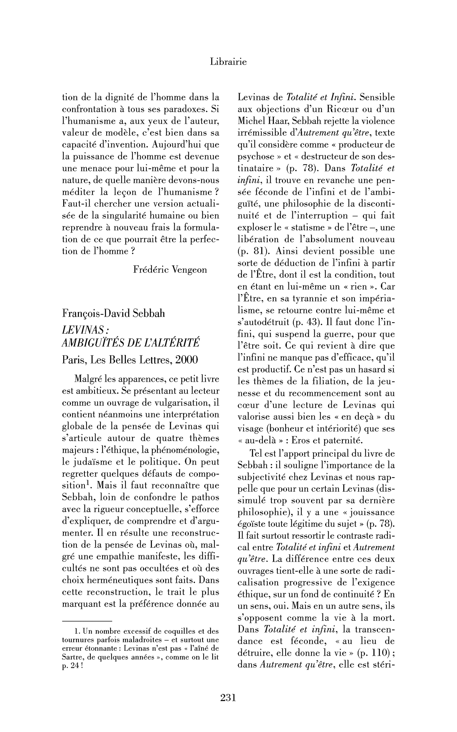François-David Sebbah : Levinas : ambiguïtés de l’altérité