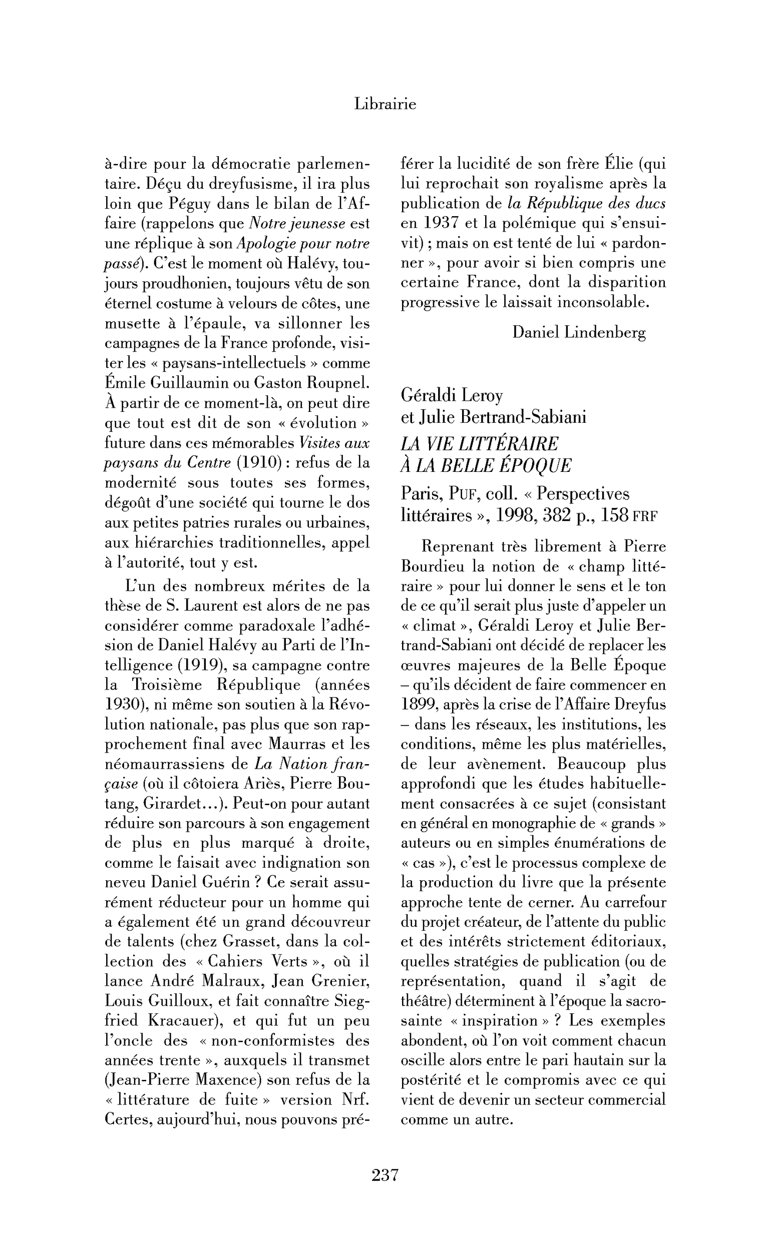 Géraldi Leroy et Julie Bertrand-Sabiani : la Vie littéraire à la belle époque