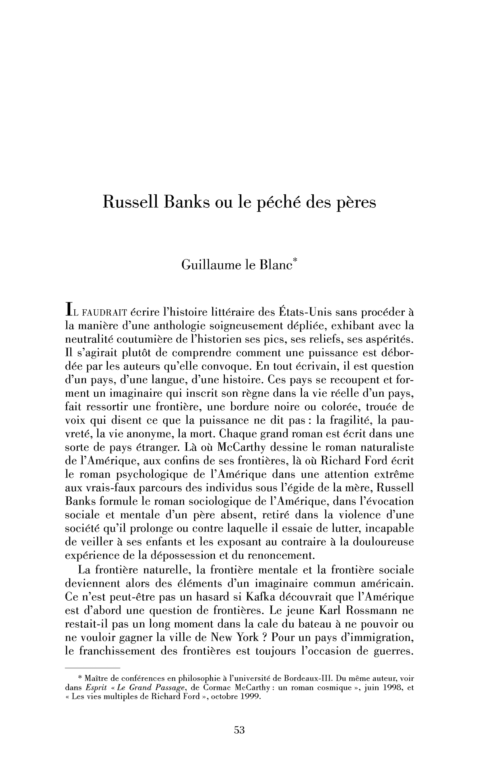 Russell Banks ou le péché des pères