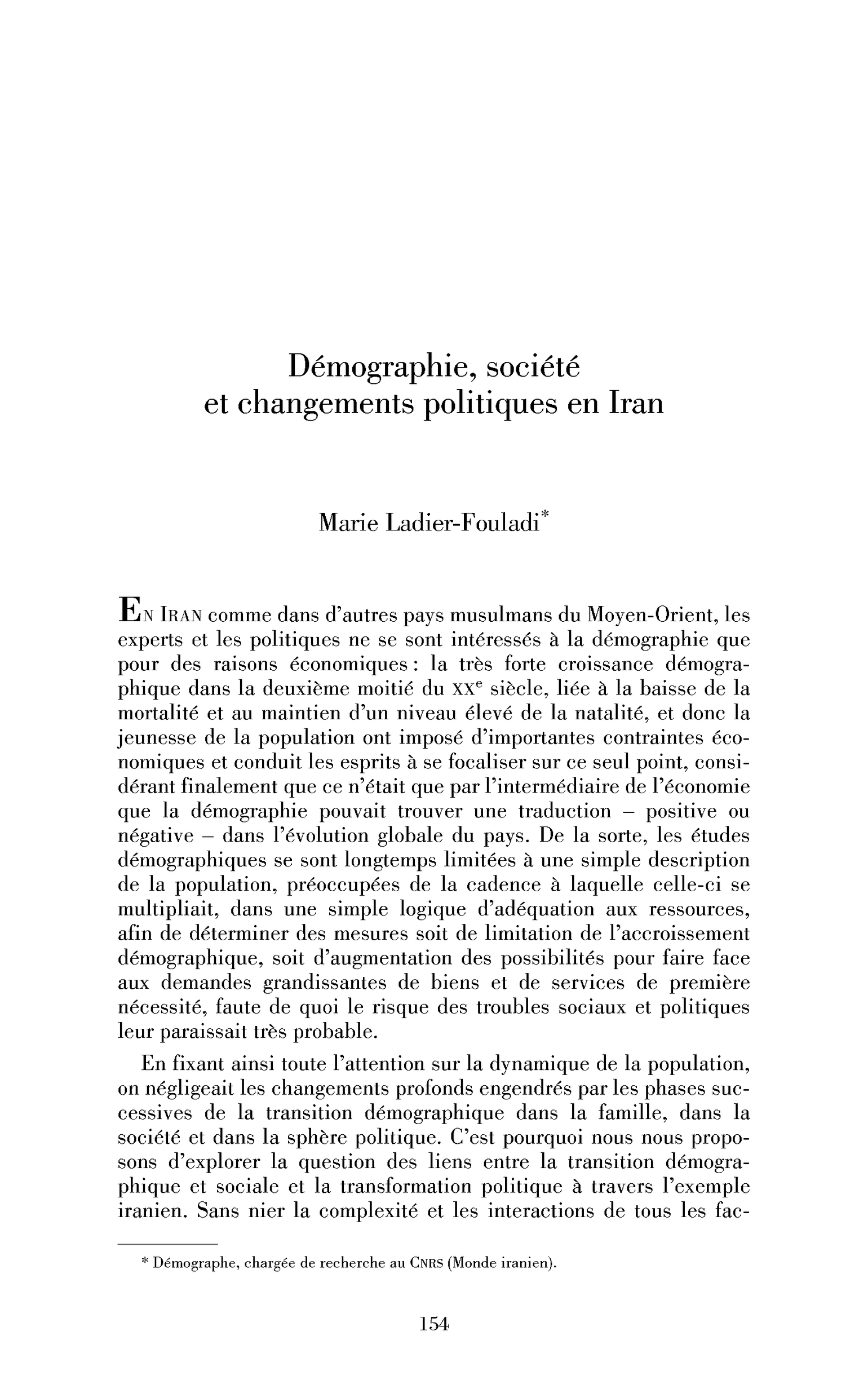 Démographie, société et changements politiques en Iran