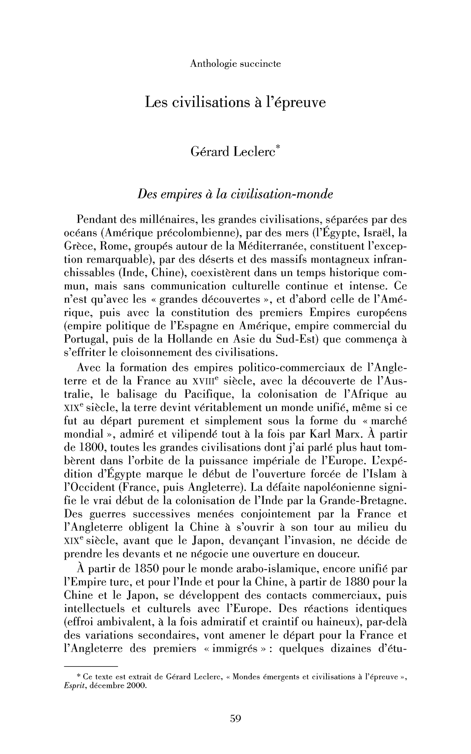 Les civilisations à l’épreuve