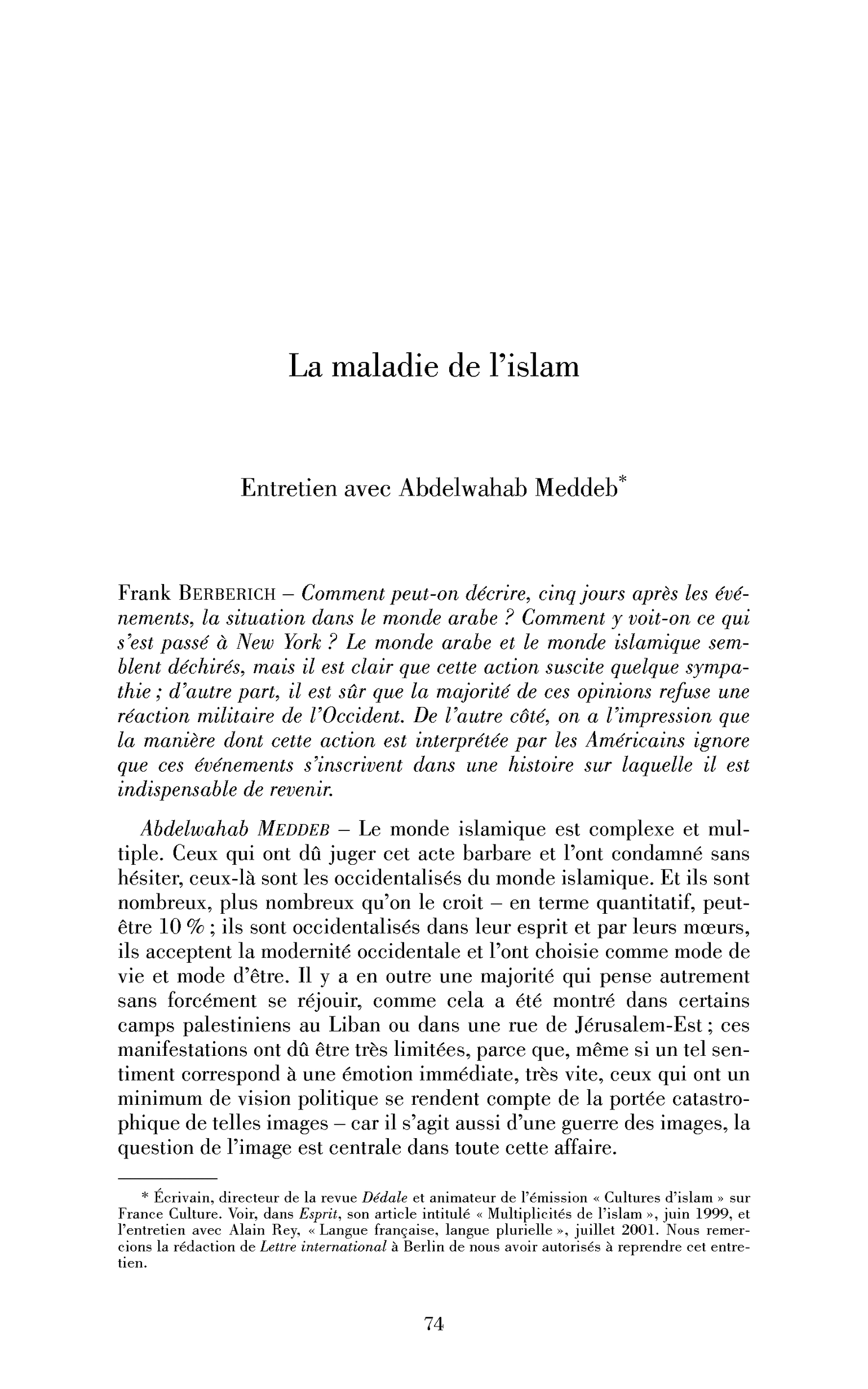 La maladie de l’islam. (Entretien)