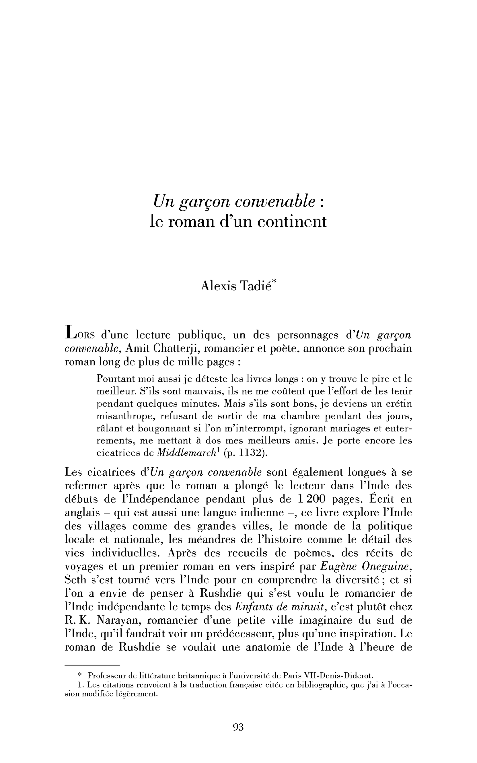 Un garçon convenable : le roman d’un continent