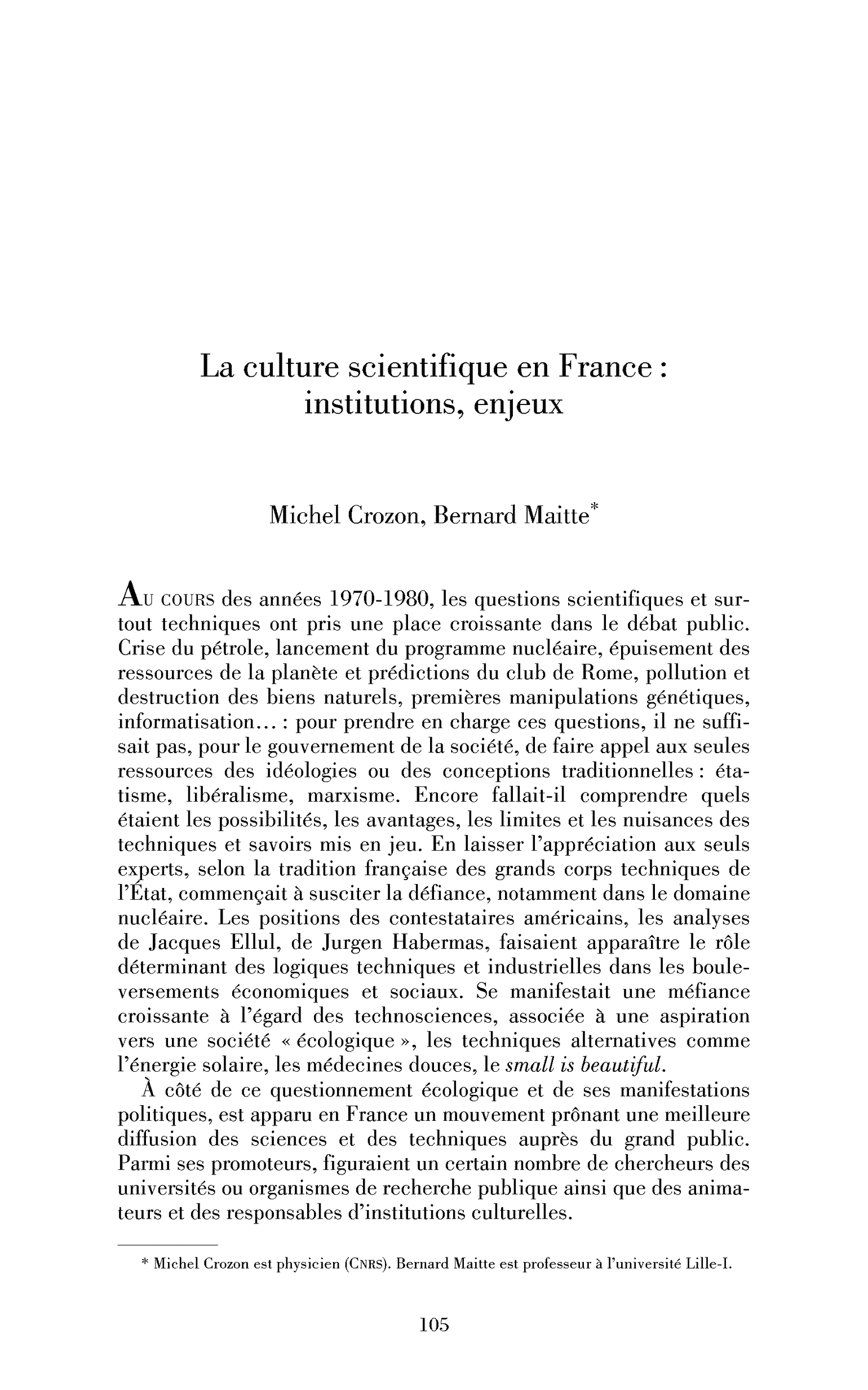La culture scientifique en France : institutions, enjeux