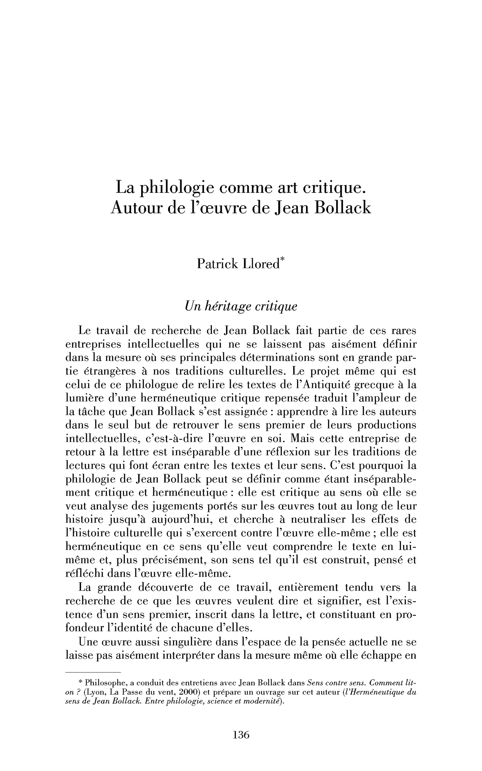 La philologie comme art critique. Autour de l’œuvre de Jean Bollack