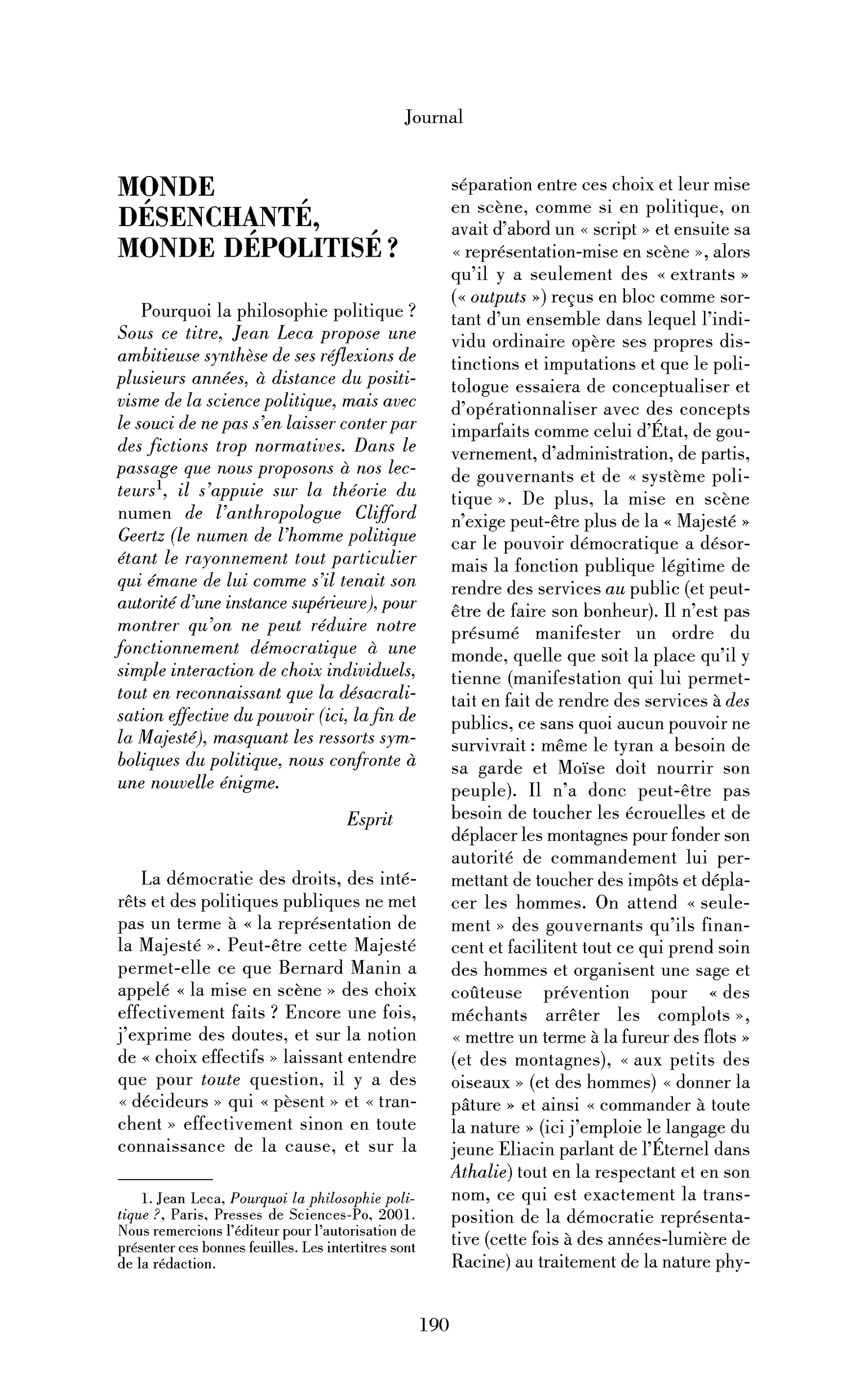 Monde désenchanté, monde dépolitisé?
