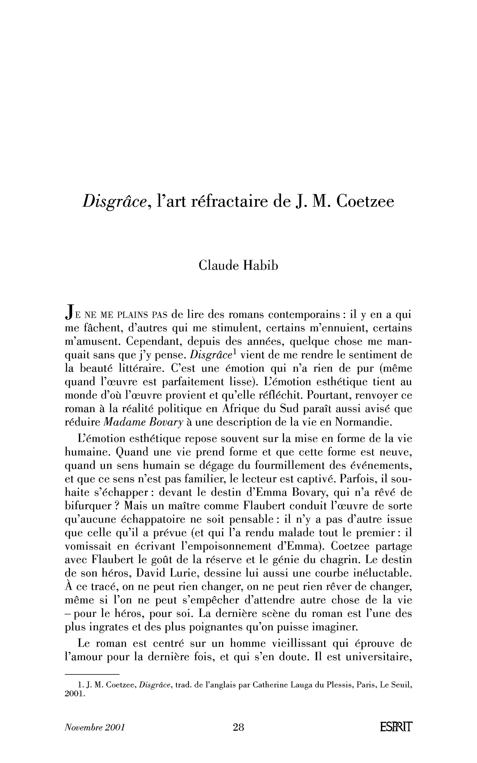 Disgrâce, l’art réfractaire de J. M. Coetzee