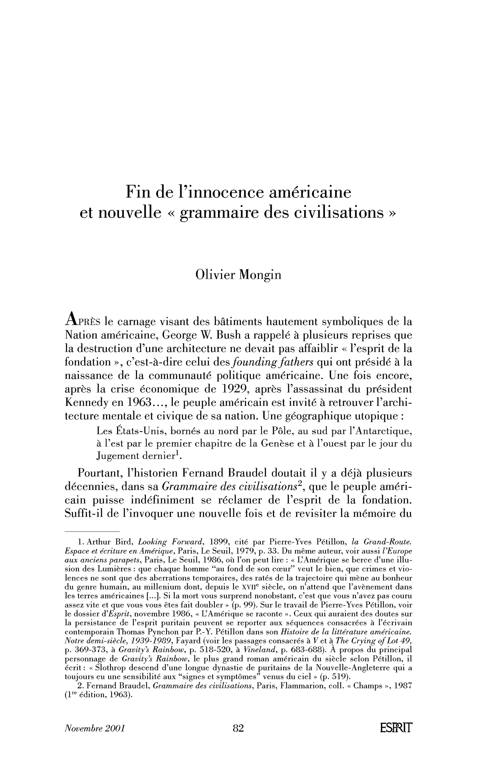 Fin de l’innoncence américaine et nouvelle « grammaire des civilisations »