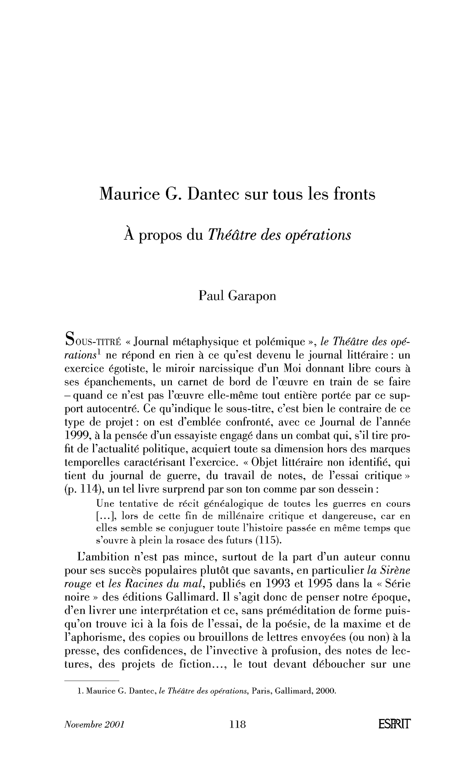 Maurice G. Dantec sur tous les fronts : A propos du Théâtre des opérations