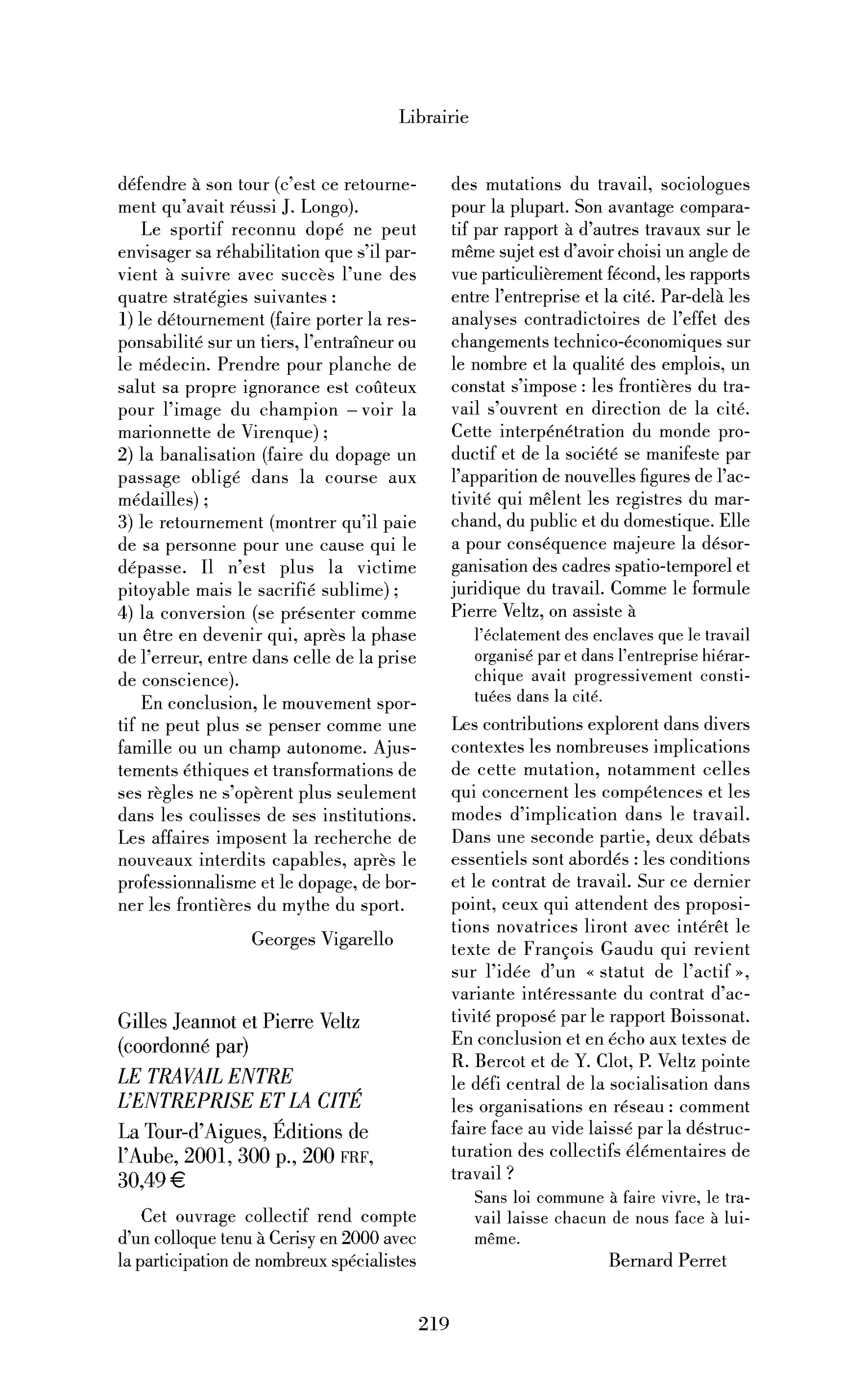 Gilles Jeannot et Pierre Veltz (dir) : le Travail entre l’entreprise et la cité