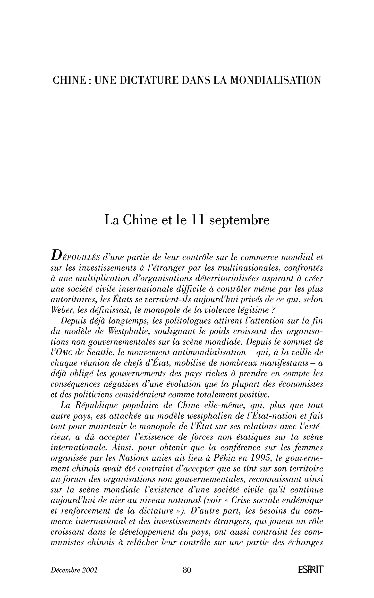 La Chine et le 11 septembre