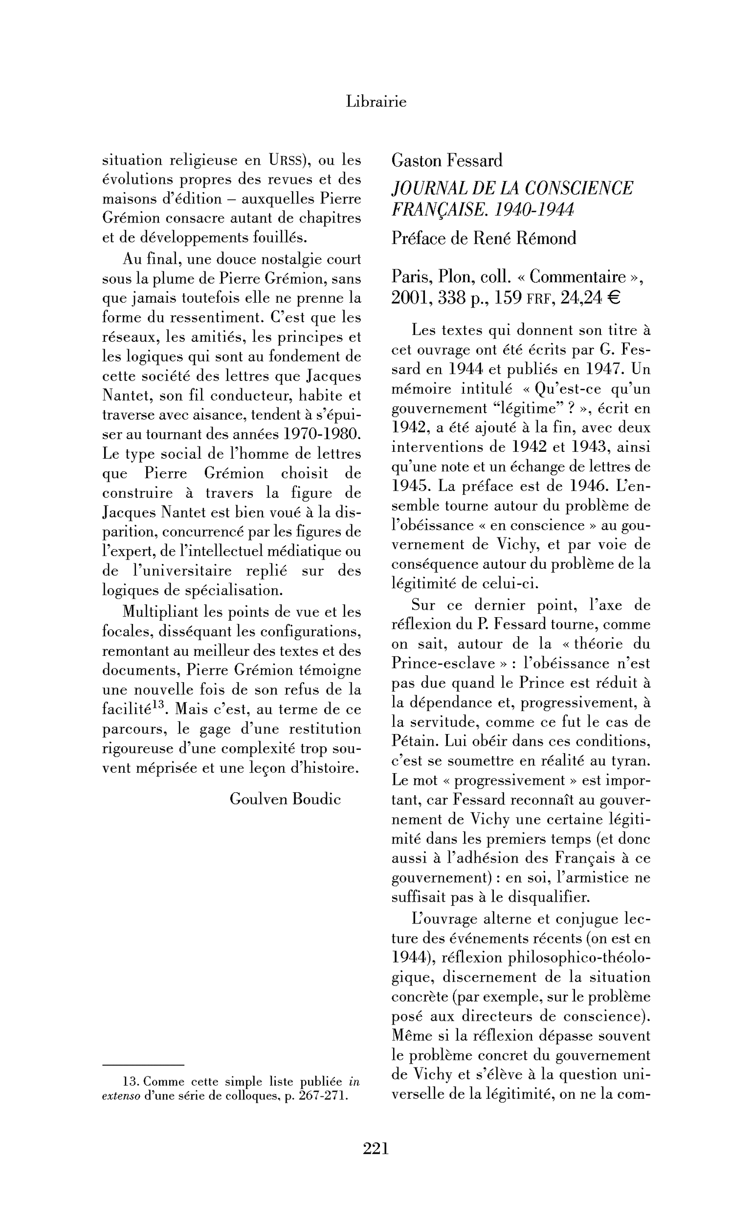 Gaston Fessard : Journal de la conscience française. 1940-1944