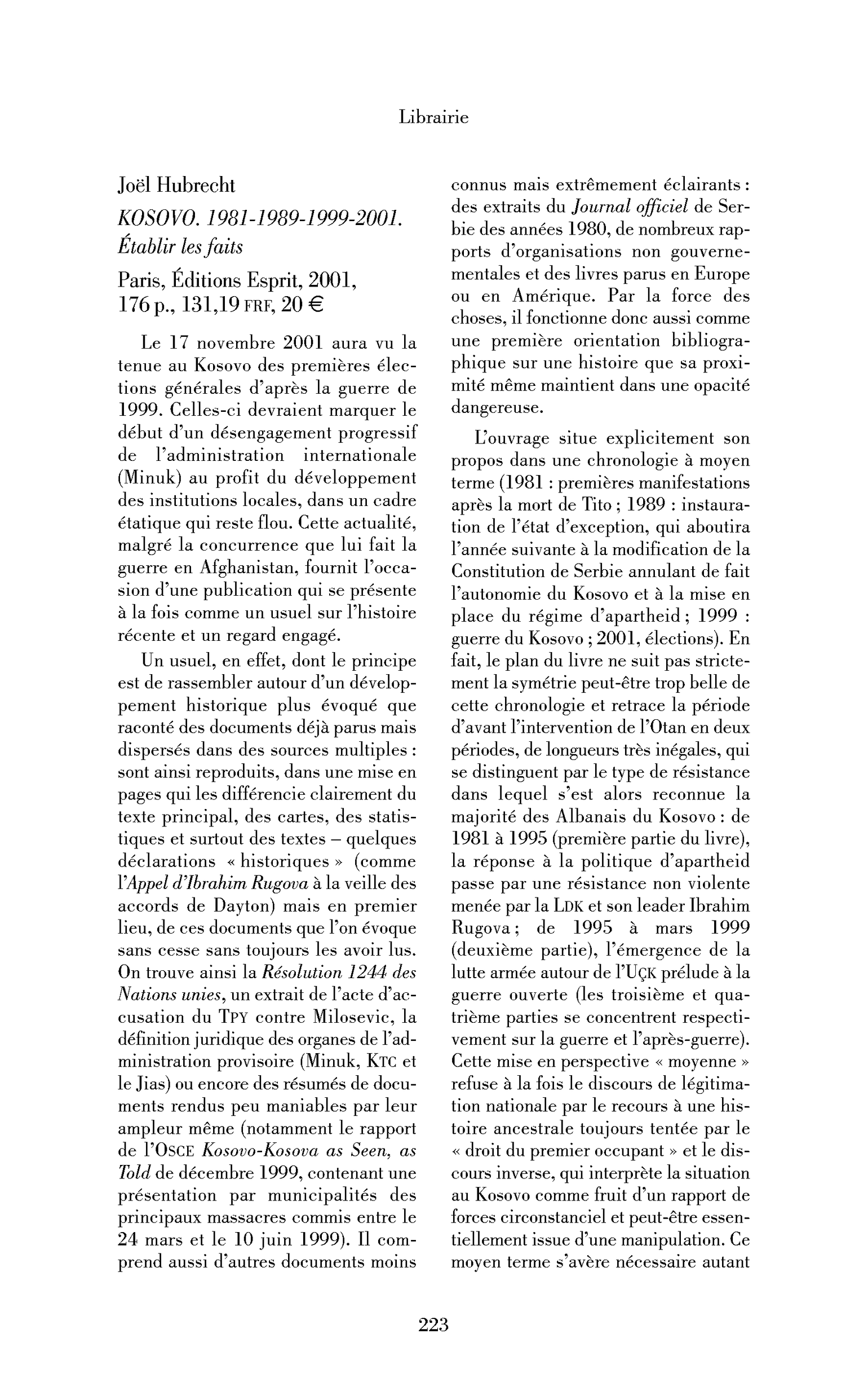 Joël Hubrecht : Kosovo. 1981-1989-1999-2001. Établir les faits
