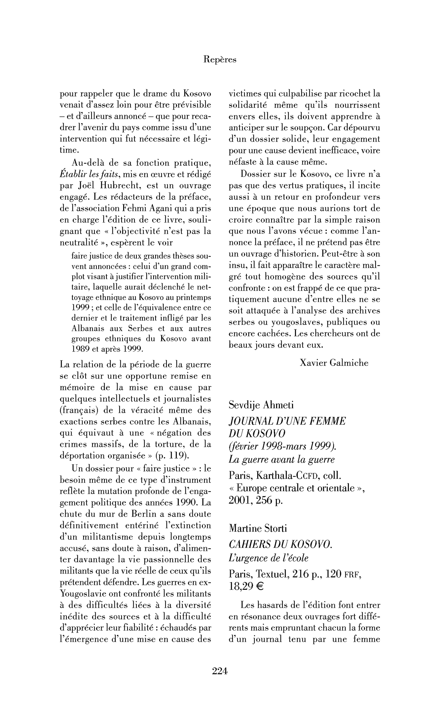 « Sevdije Ahmeti : Journal d’une femme du Kosovo ; Martine Storti : Cahiers du Kosovo. L’urgence de l’école »