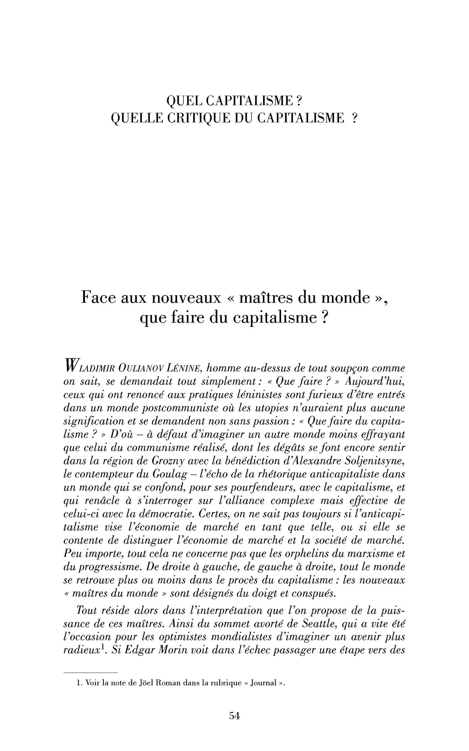 « Introduction : Face aux nouveaux »« maîtres du monde« « , que faire du capitalisme?« 