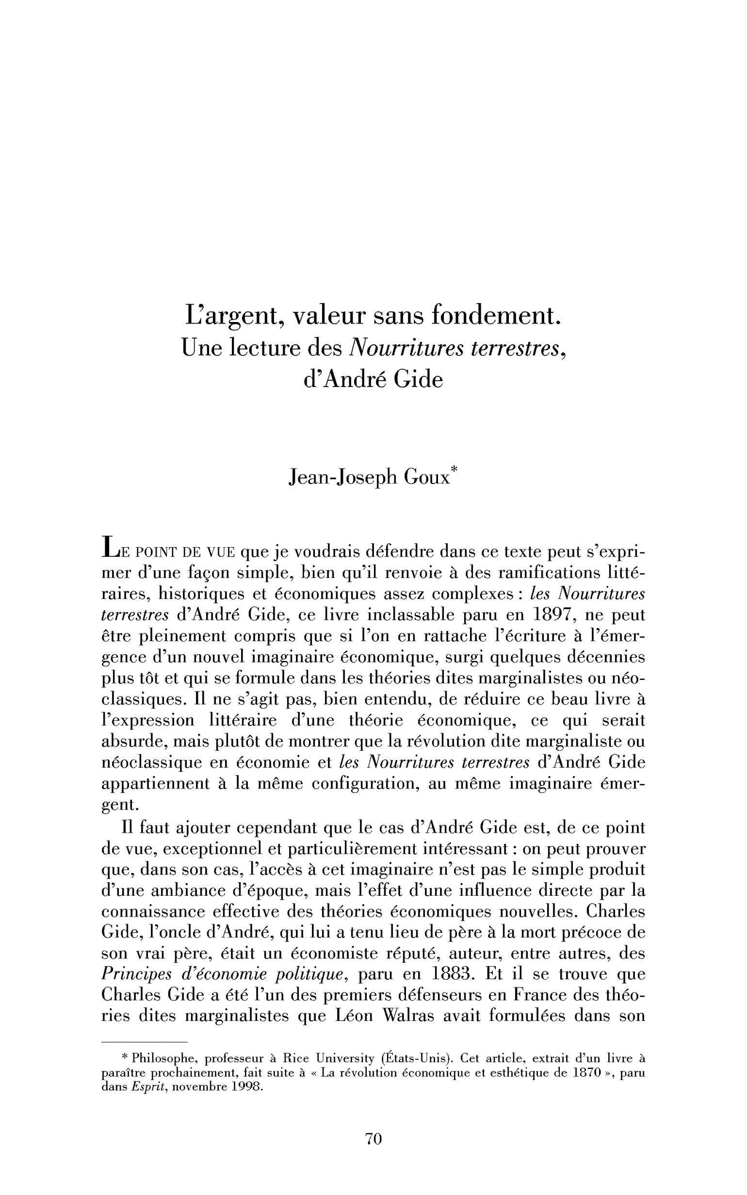 L’argent, valeur sans fondement. Une lecture des Nourritures terrestres, d’André Gide