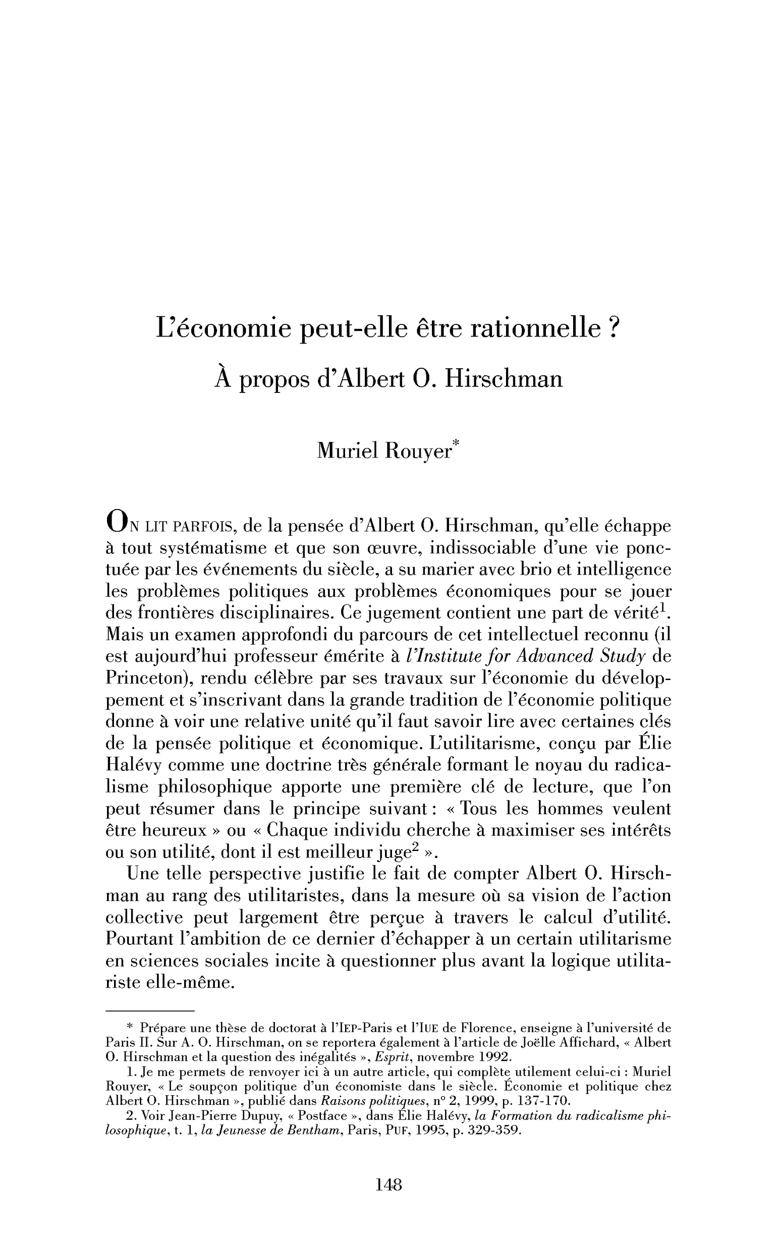 L’économie peut-elle être rationnelle? À propos d’Albert O. Hirschman