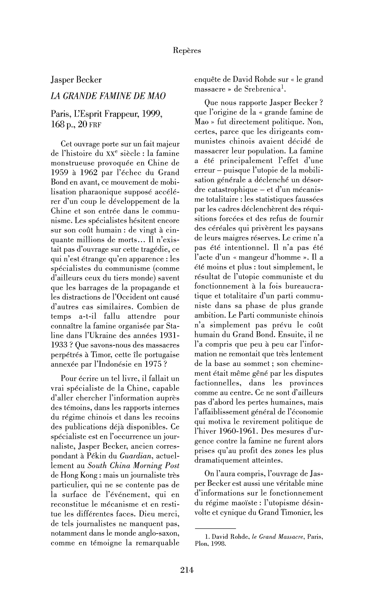 Jasper Becker : la Grande Famine de Mao