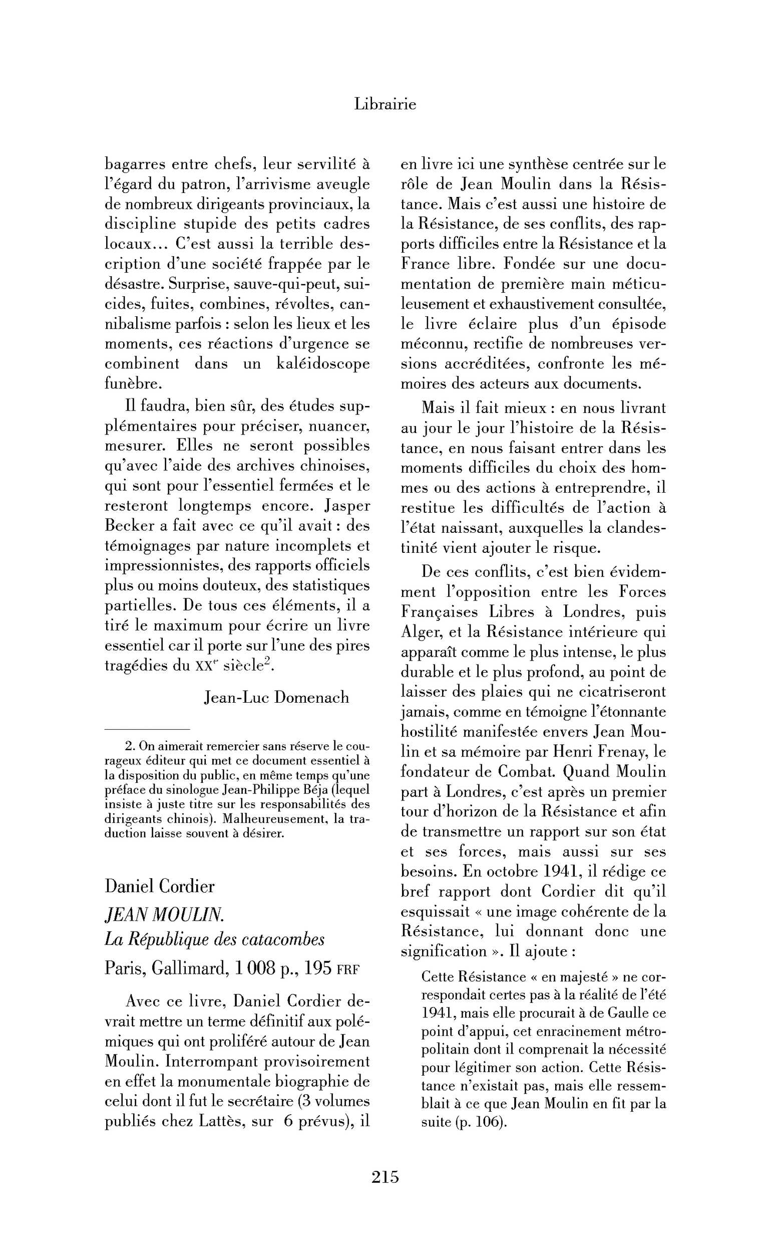 Daniel Cordier : Jean Moulin. La République des catacombes