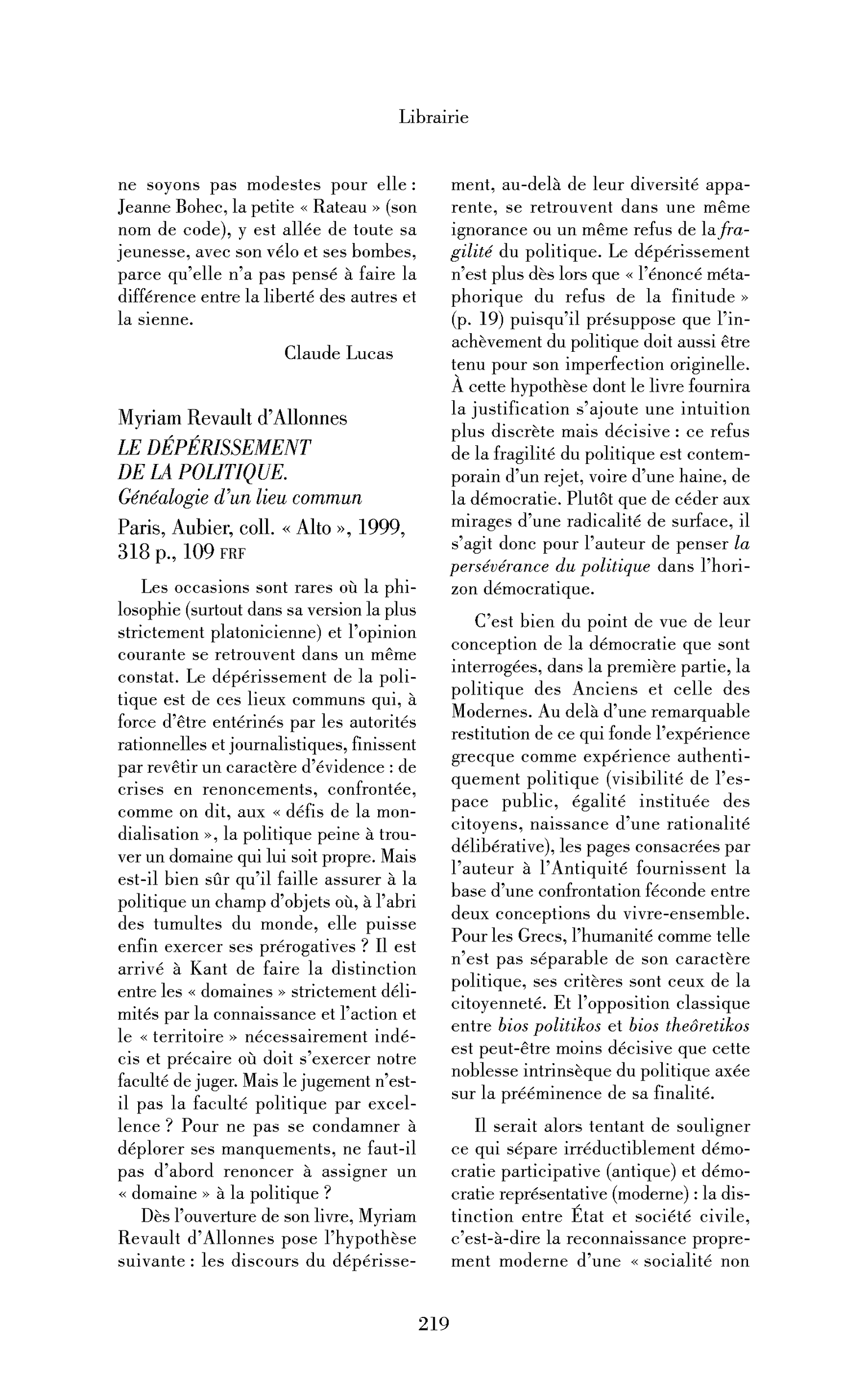 Myriam Revault d’Allonnes : le Dépérissement de la politique. Généalogie d’un lieu commun