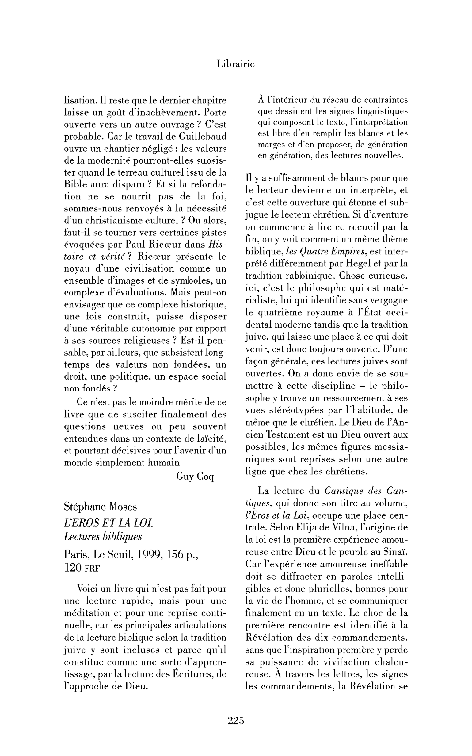 Stéphane Moses : l’Eros et la loi. Lectures bibliques