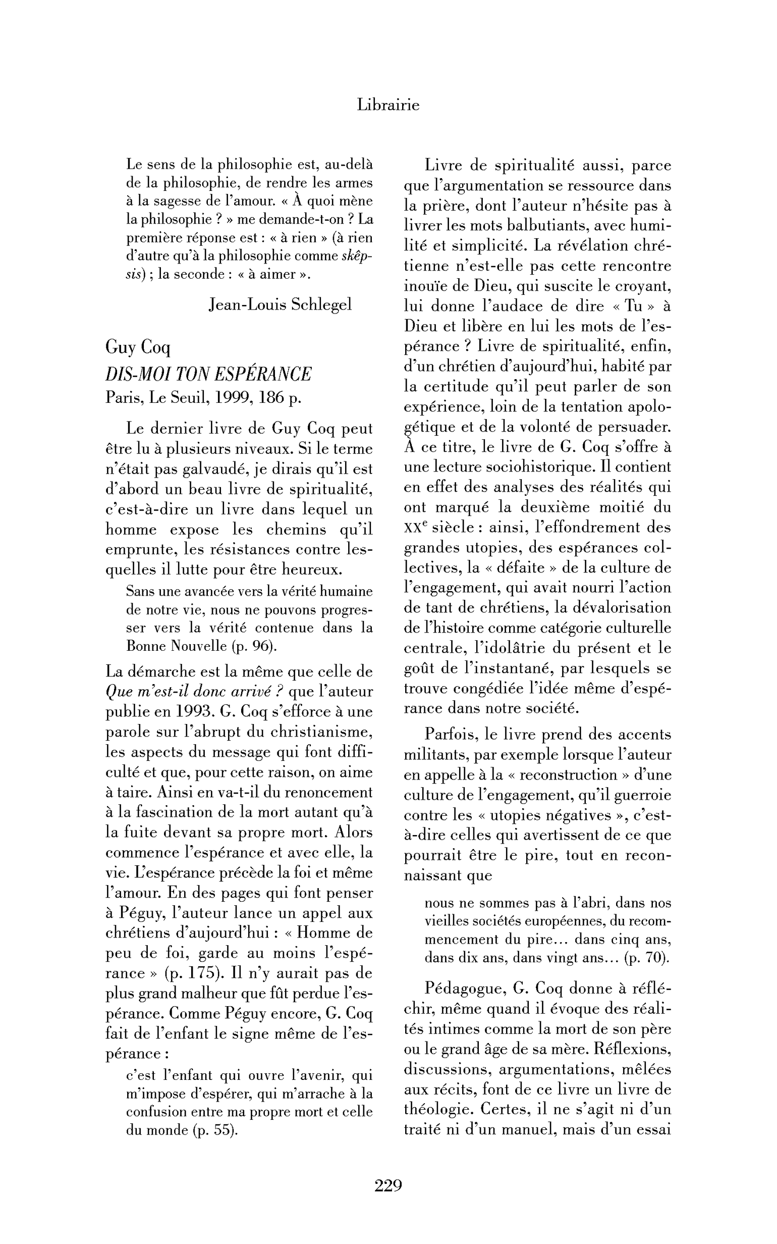 Guy Coq : Dis-moi ton espérance