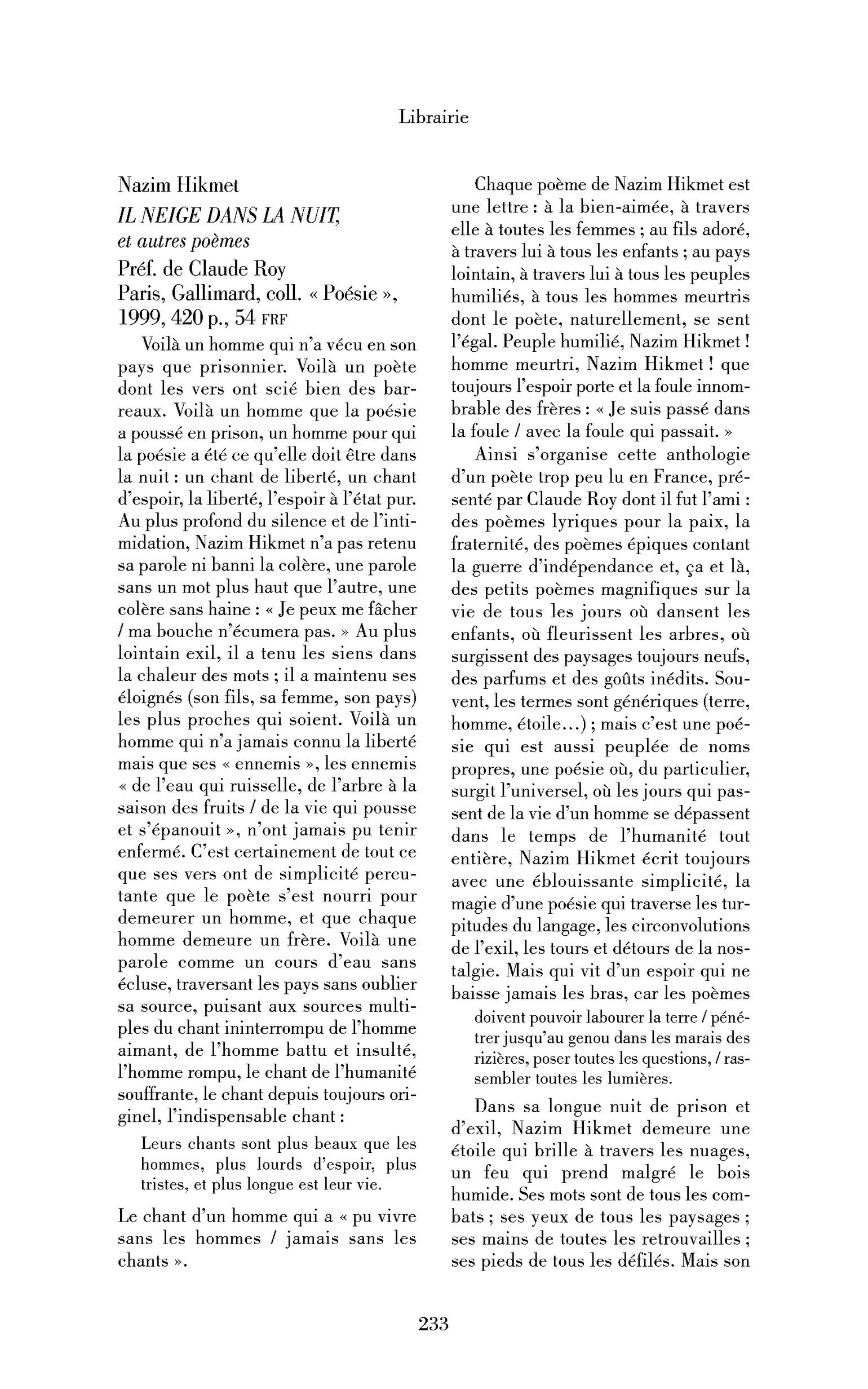 Nazim Hikmet : Il neige dans la nuit, et autres poèmes