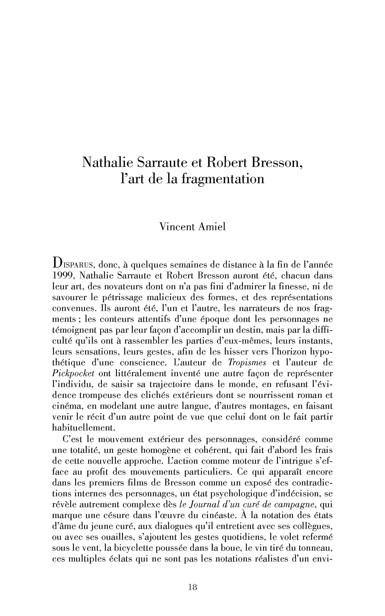 Nathalie Sarraute et Robert Bresson, l’art de la fragmentation