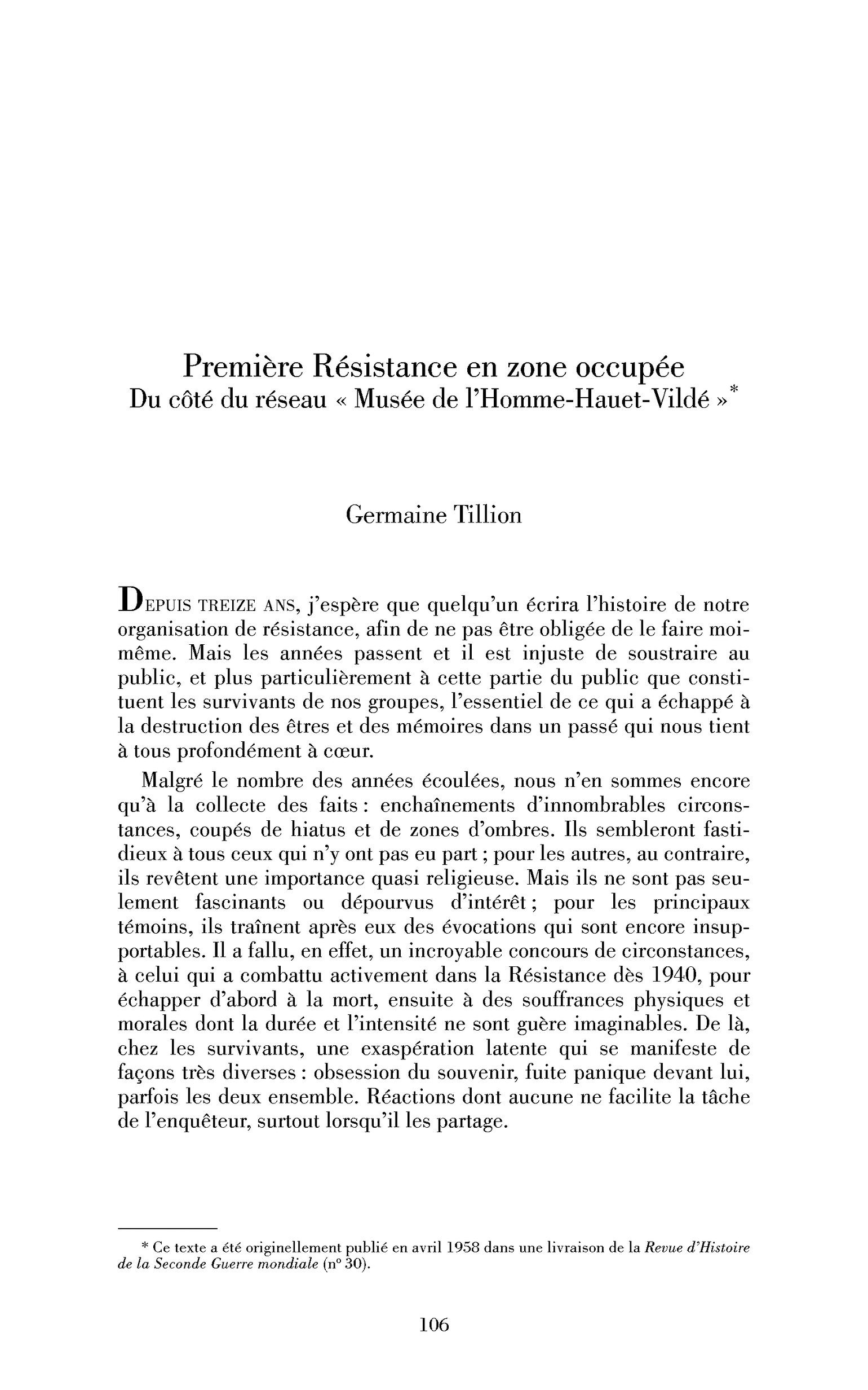 Première Résistance en zone occupée