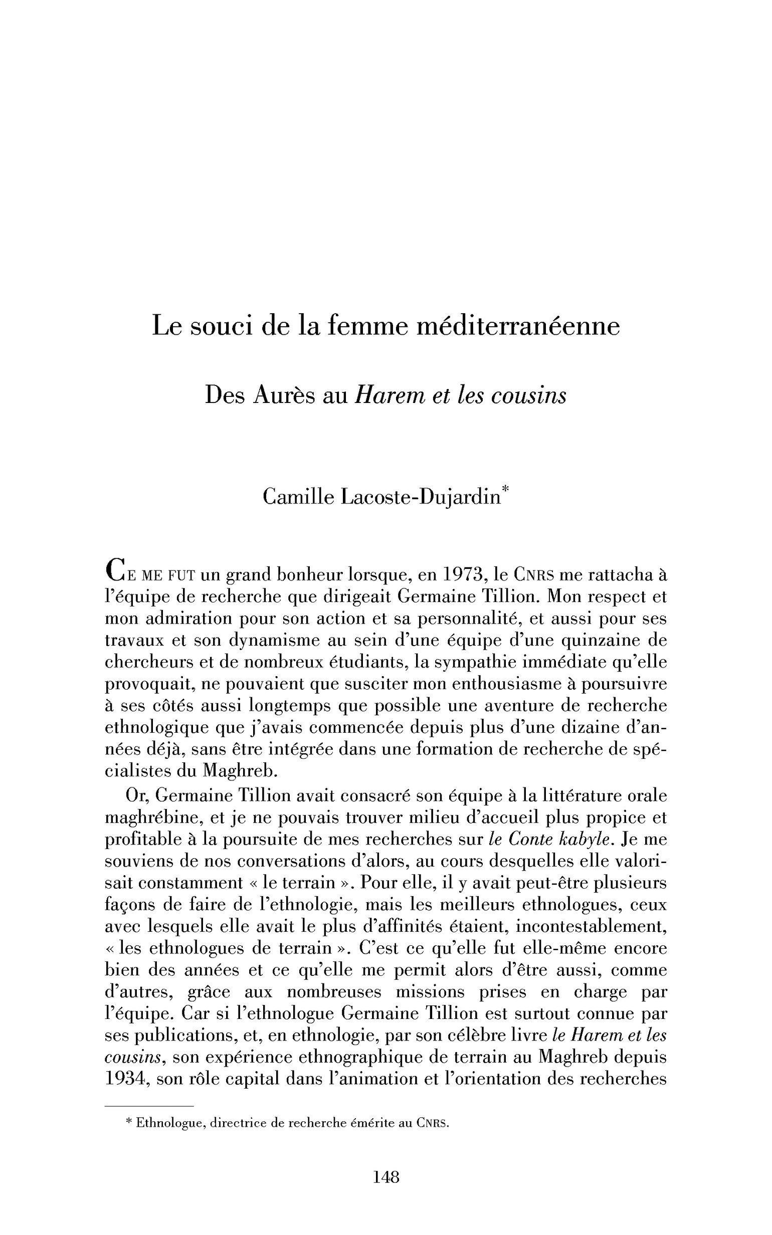 Le souci de la femme méditerranéenne. Des Aurès au Harem et les cousins
