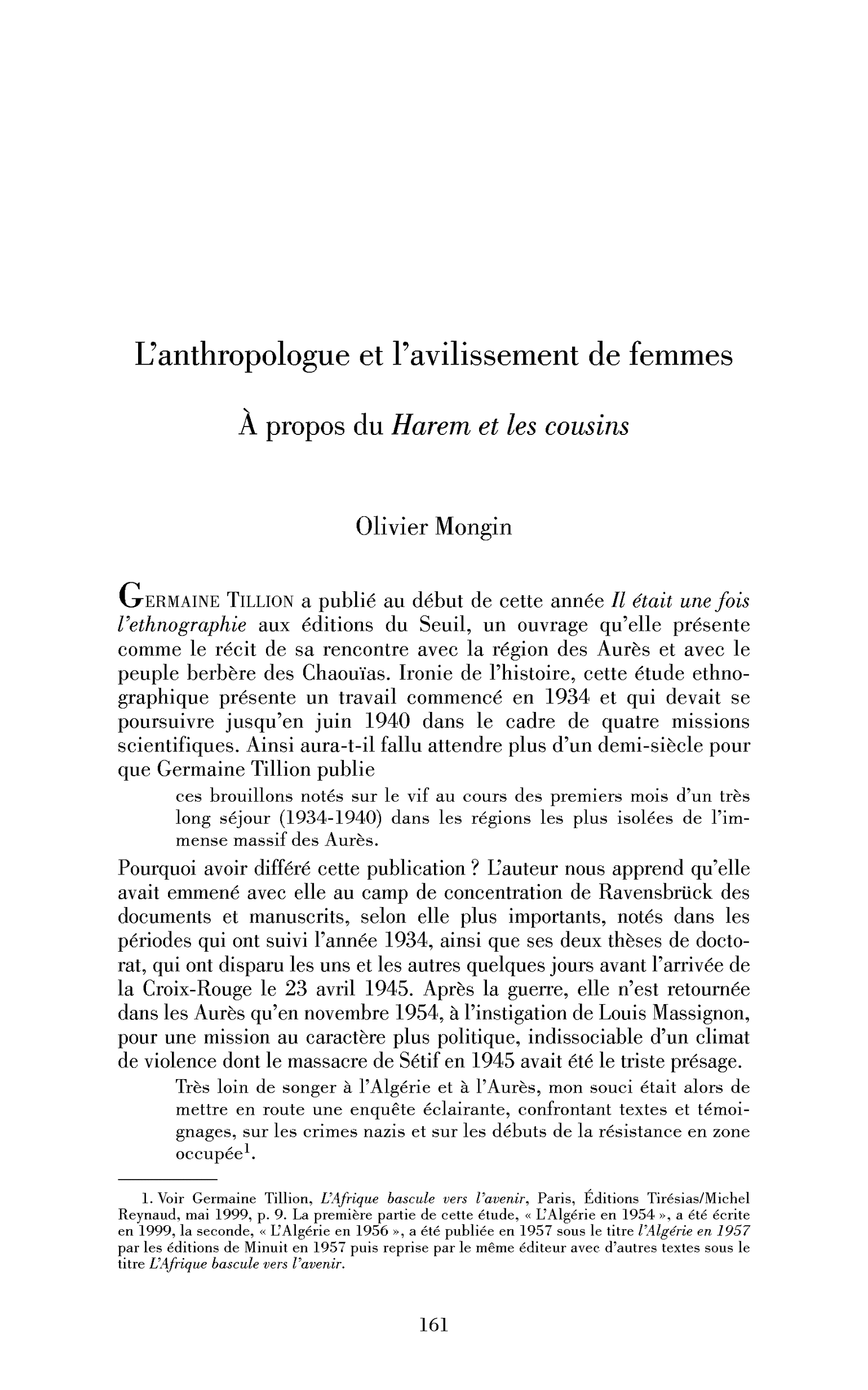 L’anthropologue et l’avilissement des femmes. À propos du Harem et les cousins