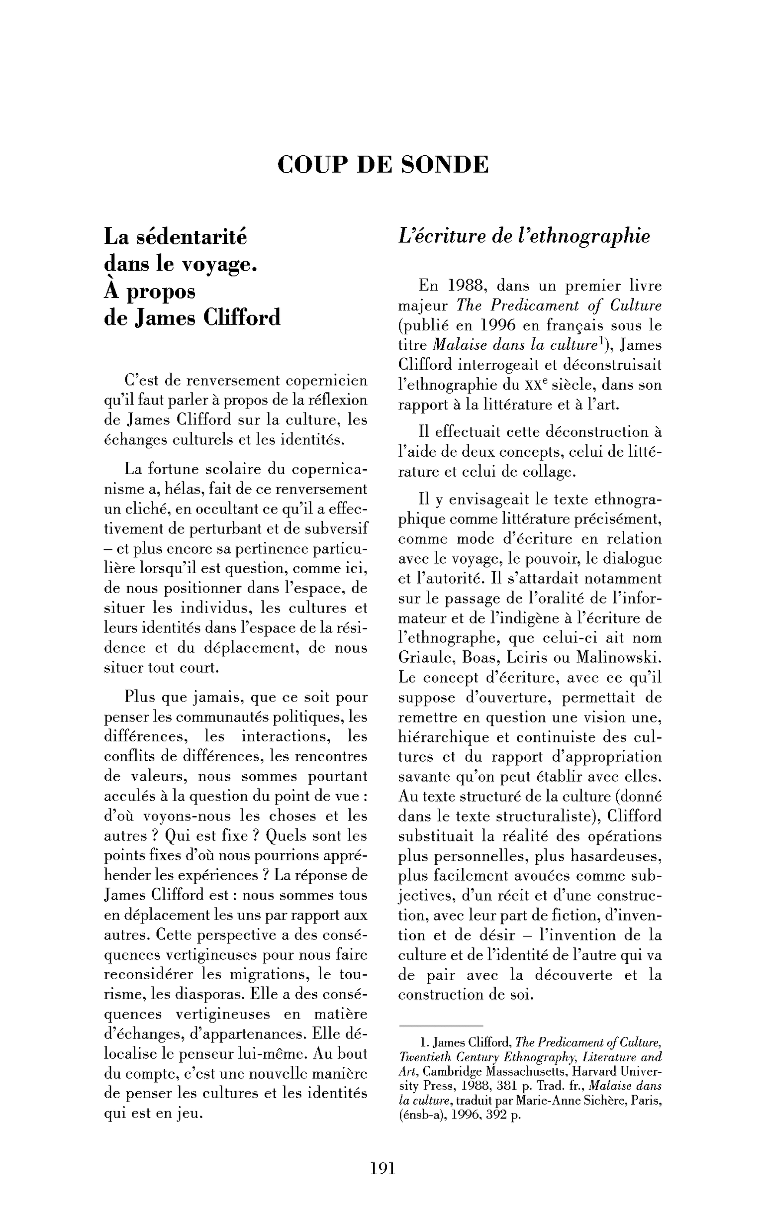 La sédentarité dans le voyage. À propos de James Clifford