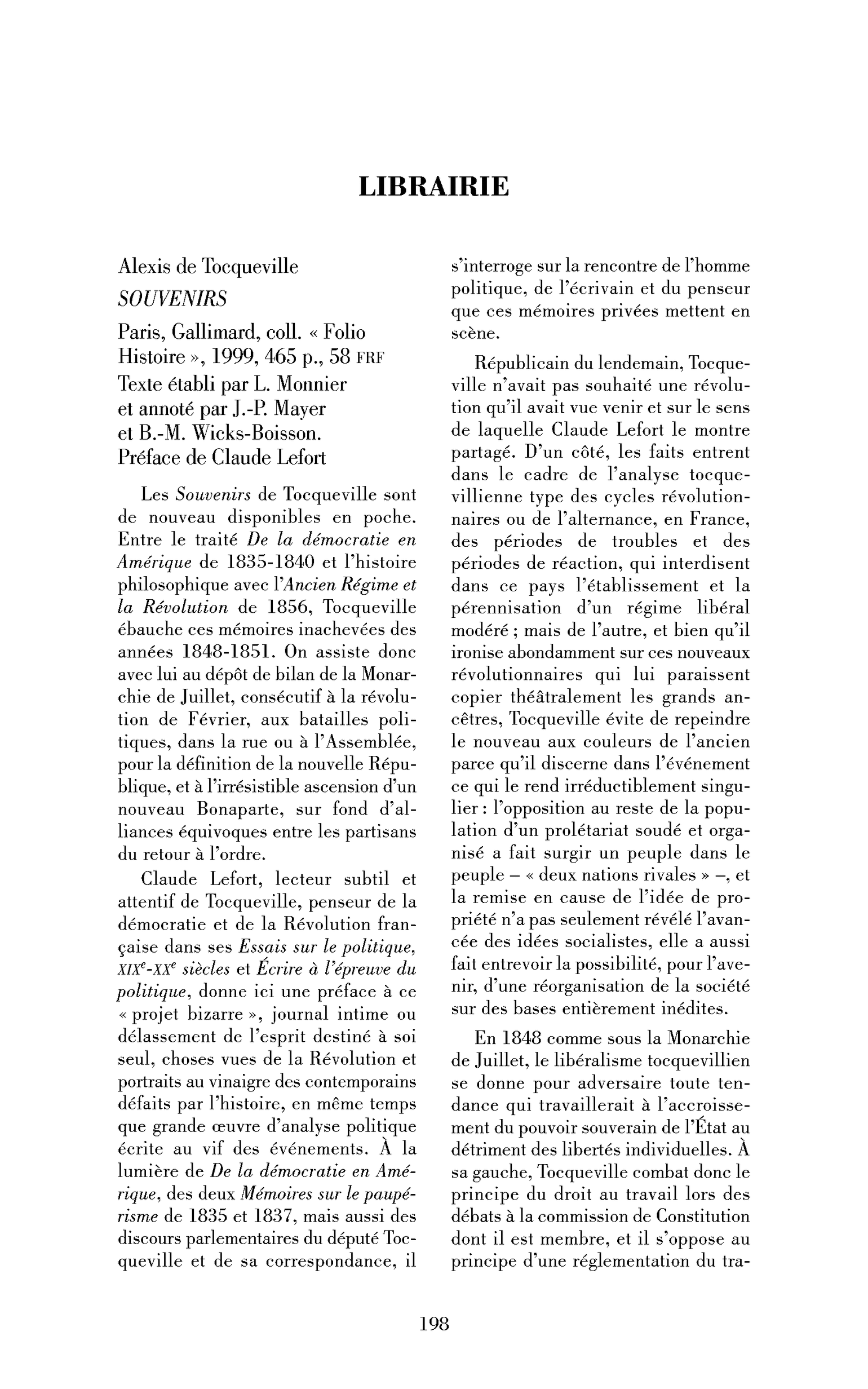 Alexis de Tocqueville : Souvenirs