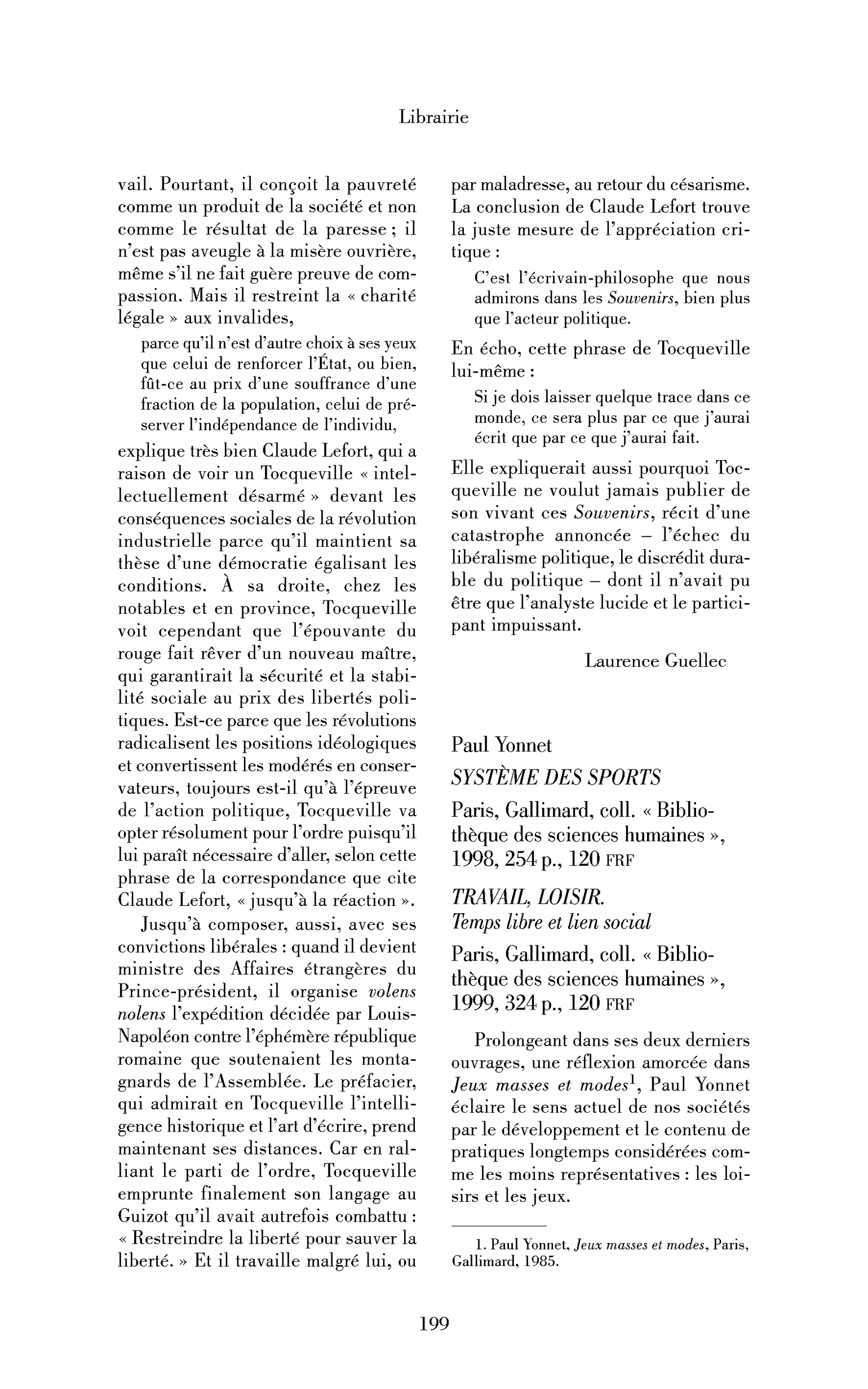 Paul Yonnet : « Système des sports; Travail, Loisir. Temps libre et lien social »