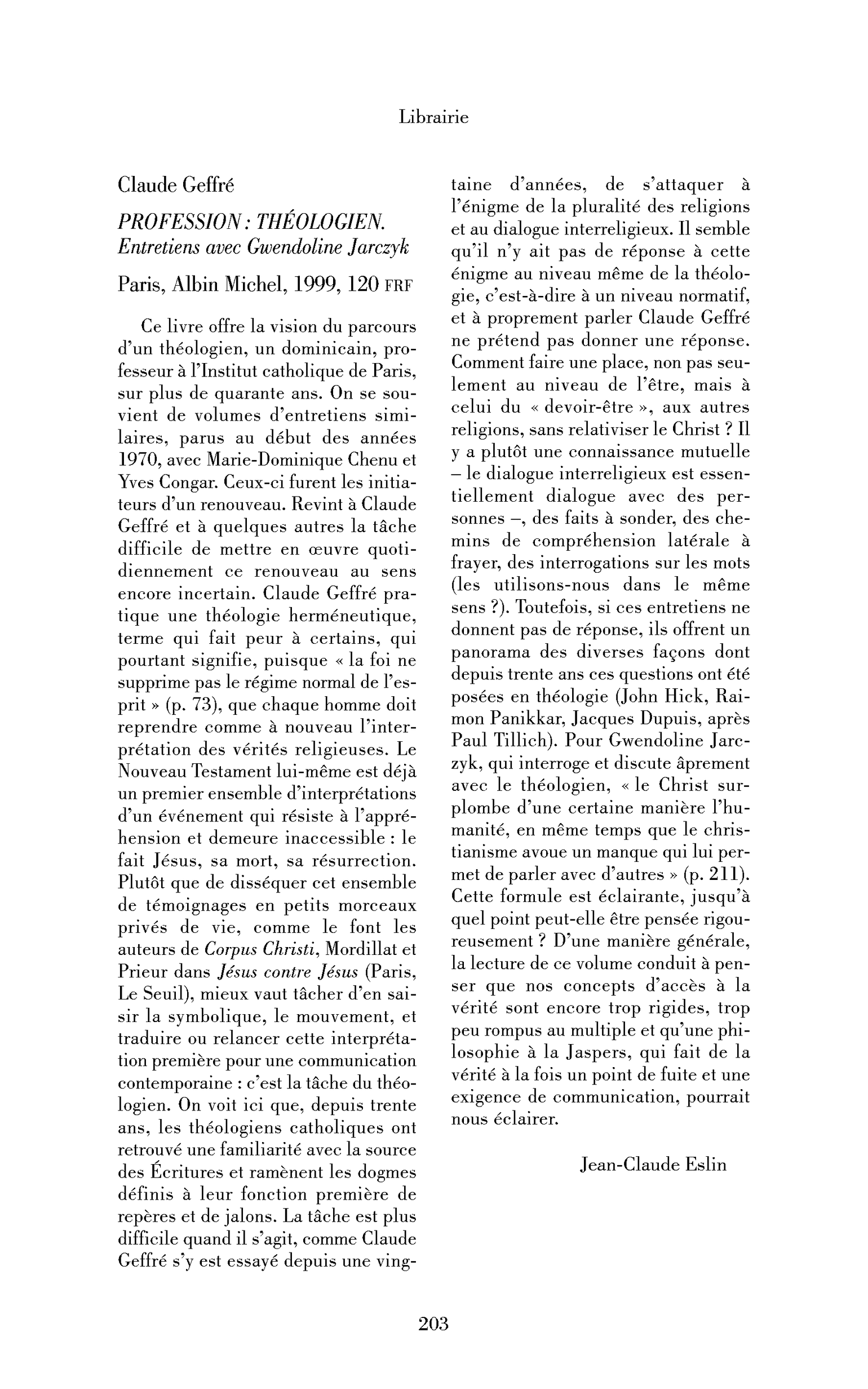 Claude Geffré : Profession : théologien. Entretiens avec Gwendoline Jarczyk