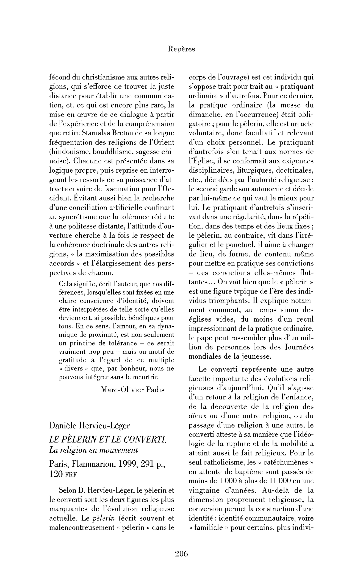 Danièle Hervieu-Léger : le Pèlerin et le converti. La religion en mouvement