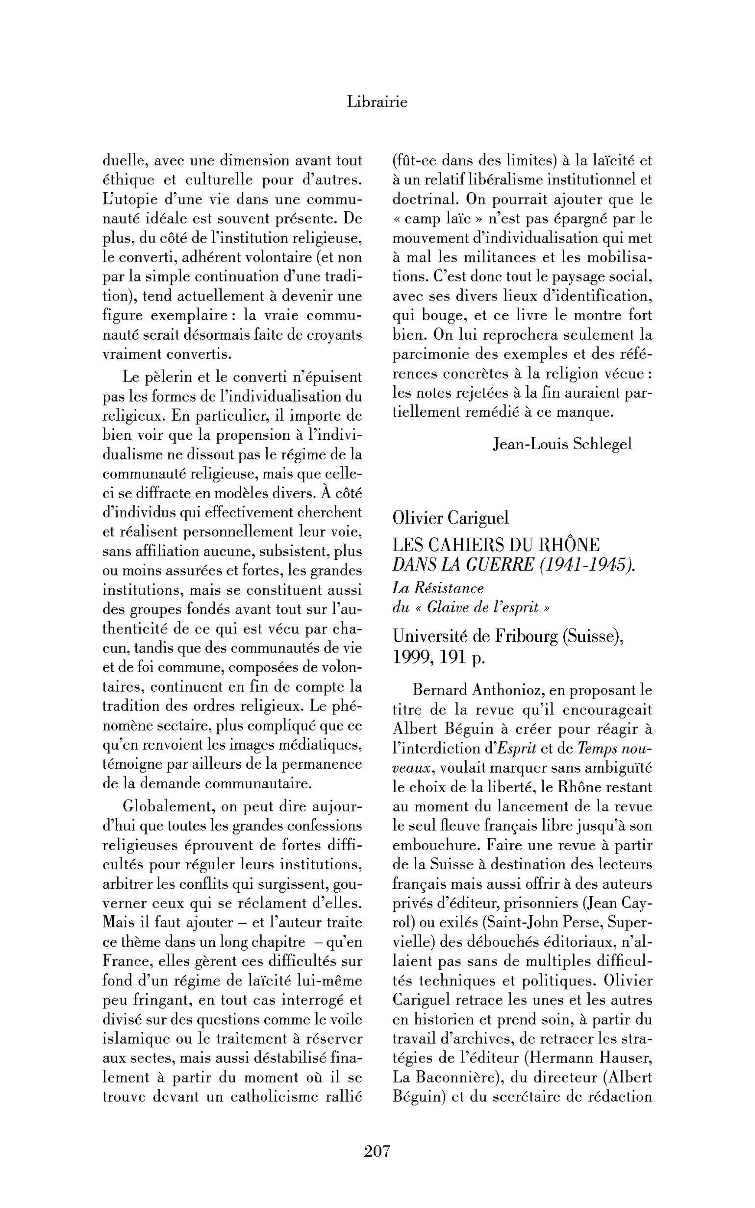Olivier Cariguel : « Les Cahiers du Rhône. Dans la guerre (1941-1945). La Résistance du »« Glaive de l’esprit« « « 