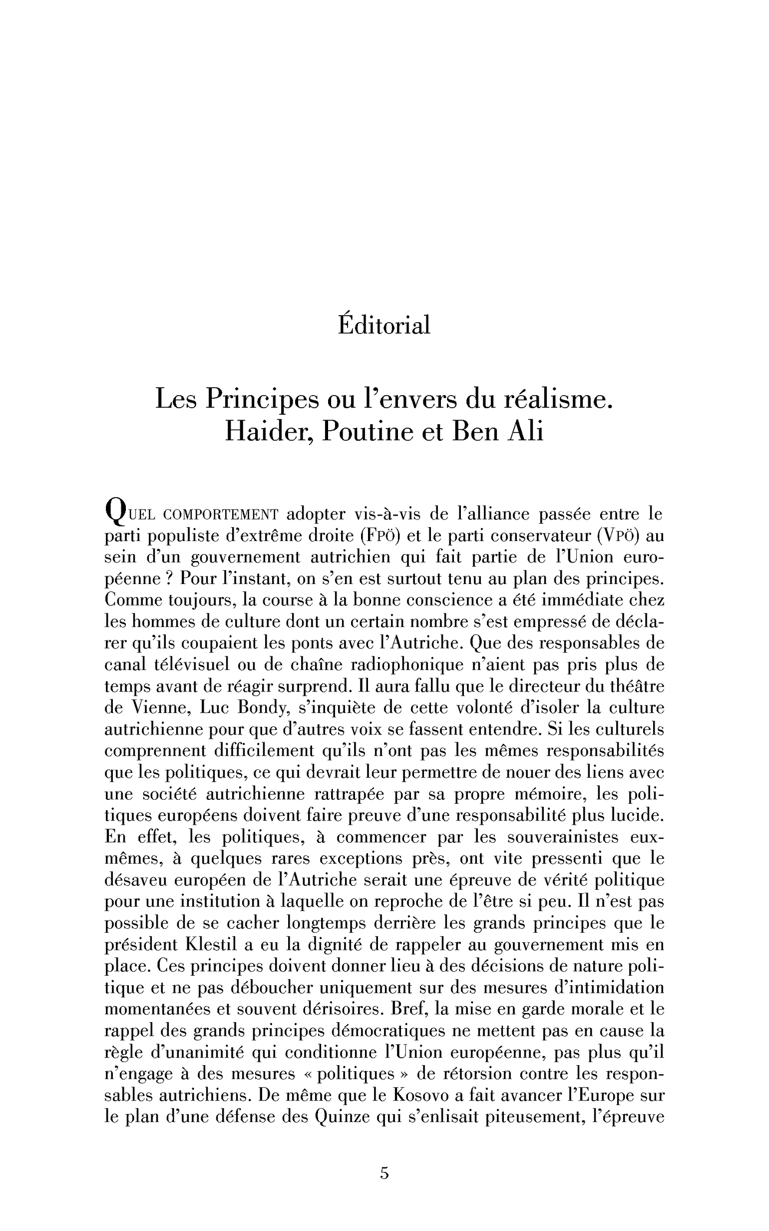 Les Principes ou l’envers du réalisme. Haider, Poutine et Ben Ali